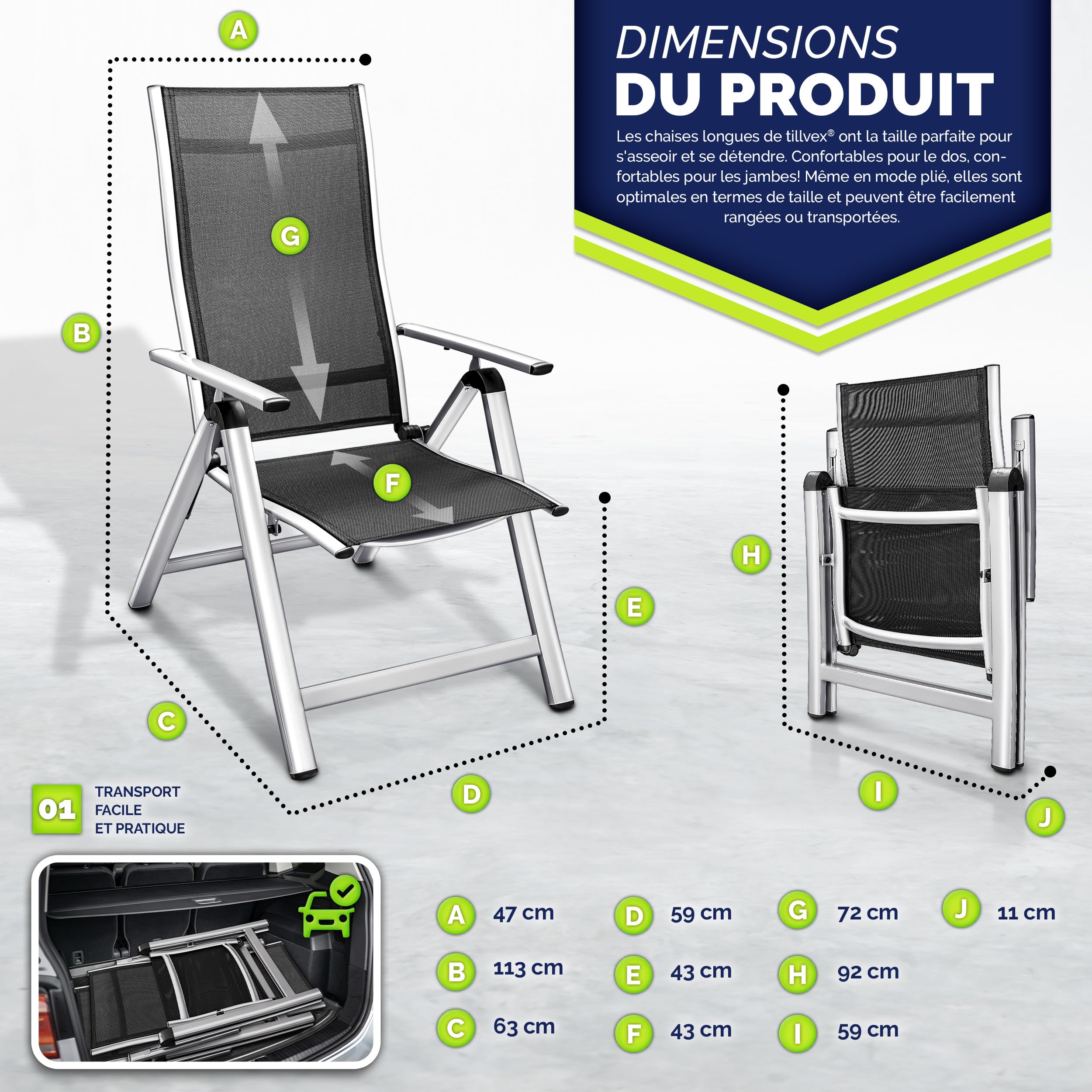 tillvex® Lot de 2 chaises de jardin à dossier haut, pliables, avec