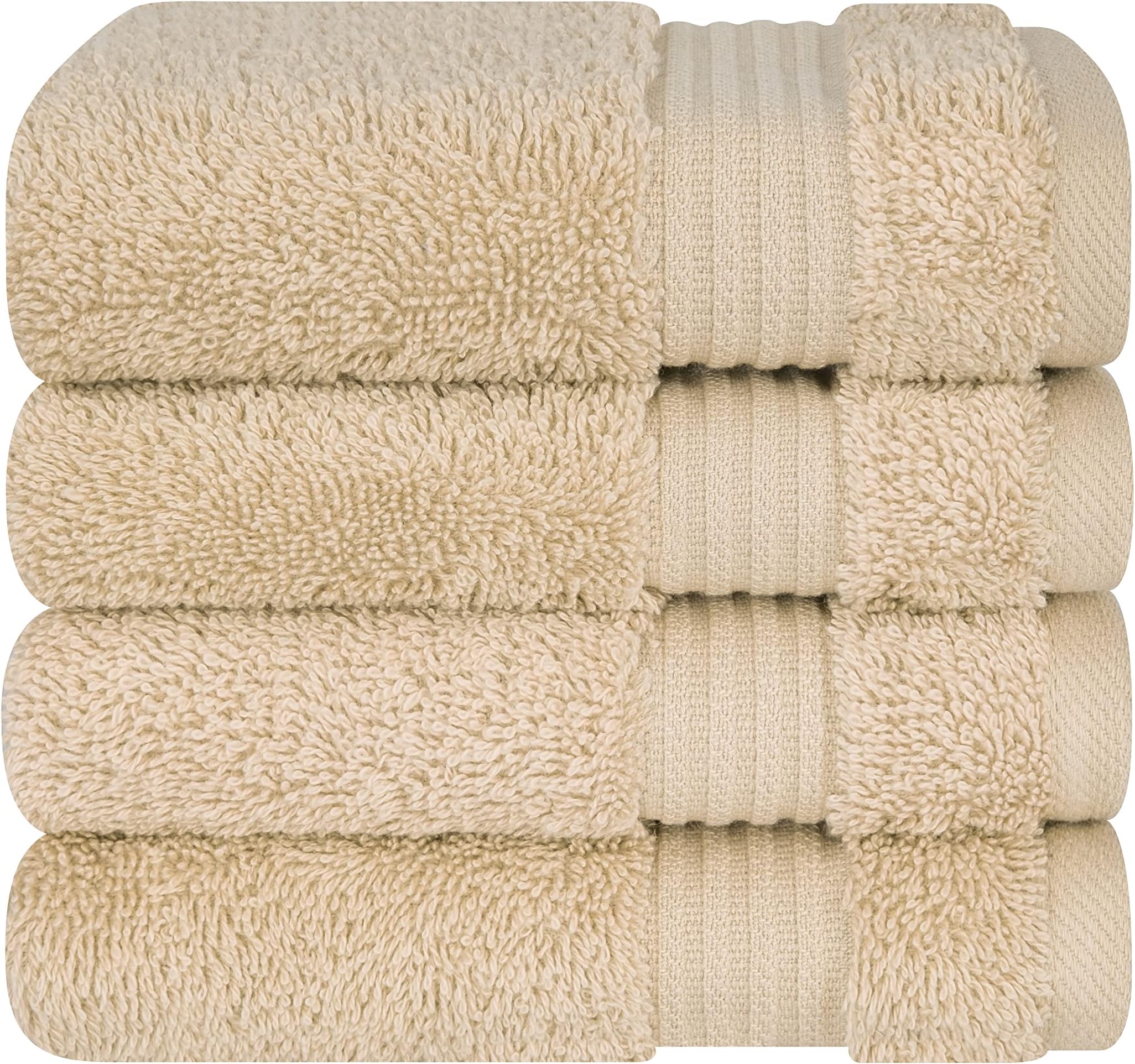 Luxury Turkish Cotton Washcloths for Easy Care, Extra Soft and Absorbent, Fingertip Towels, 4 Pack Washcloth Set by United Home Textile, Sand Taupe