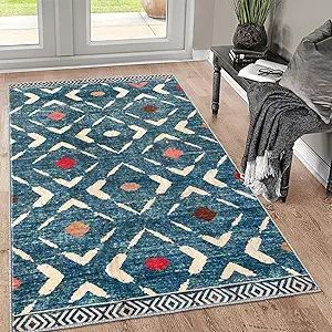 KILOCOCO Area Rug 3'x5' Rug for Entryway Washable Printed Bedroom Rugs Non Slip Boho Low-Pile Soft Rugs for Kitchen Dining Geometric Moroccan Carpet, Teal/Blue