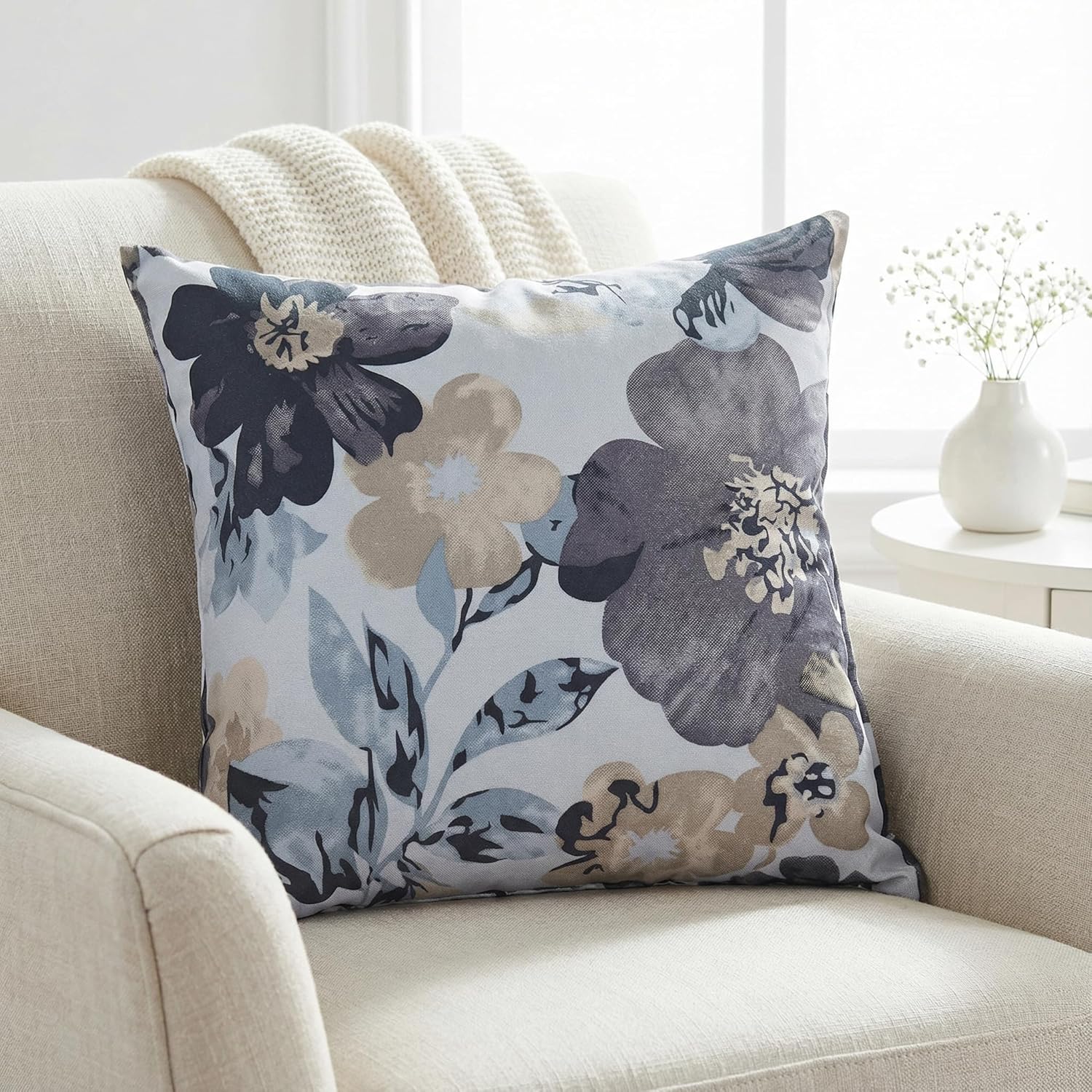 Cortesi Home Oppy Decorative Square Accent Pillow, Blue Flower Print 16x16