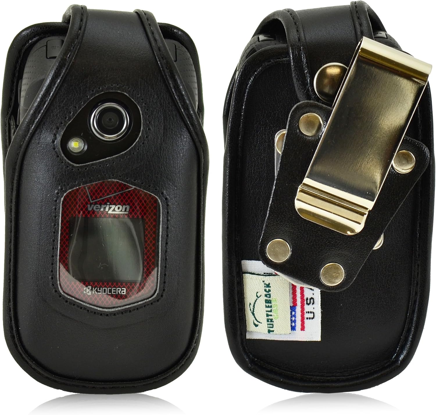 Turtleback Fitted Case for Kyocera DuraXV DuraXA Flip Phone Black Leather Rotating Removable Metal Belt Clip -