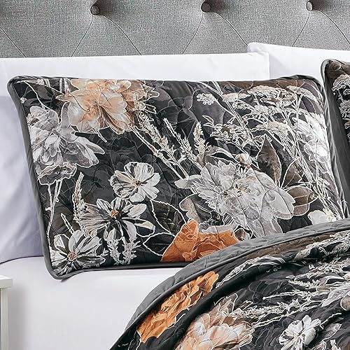 Miniatura 9 de ESCA Juego de colcha de girasol amarillo de 3 piezas, tamaño King, reversible, color negro y verde