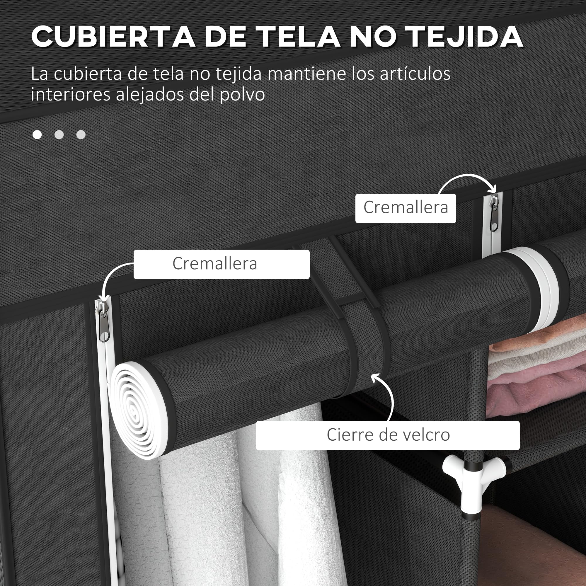 HOMCOM Armario de Tela Plegable, Armario Portátil con 2 Barras para Colgar, 8 Estantes, Marco de Acero, para Dormitorio, Vestidor, 125x43x162,5 cm, Negro