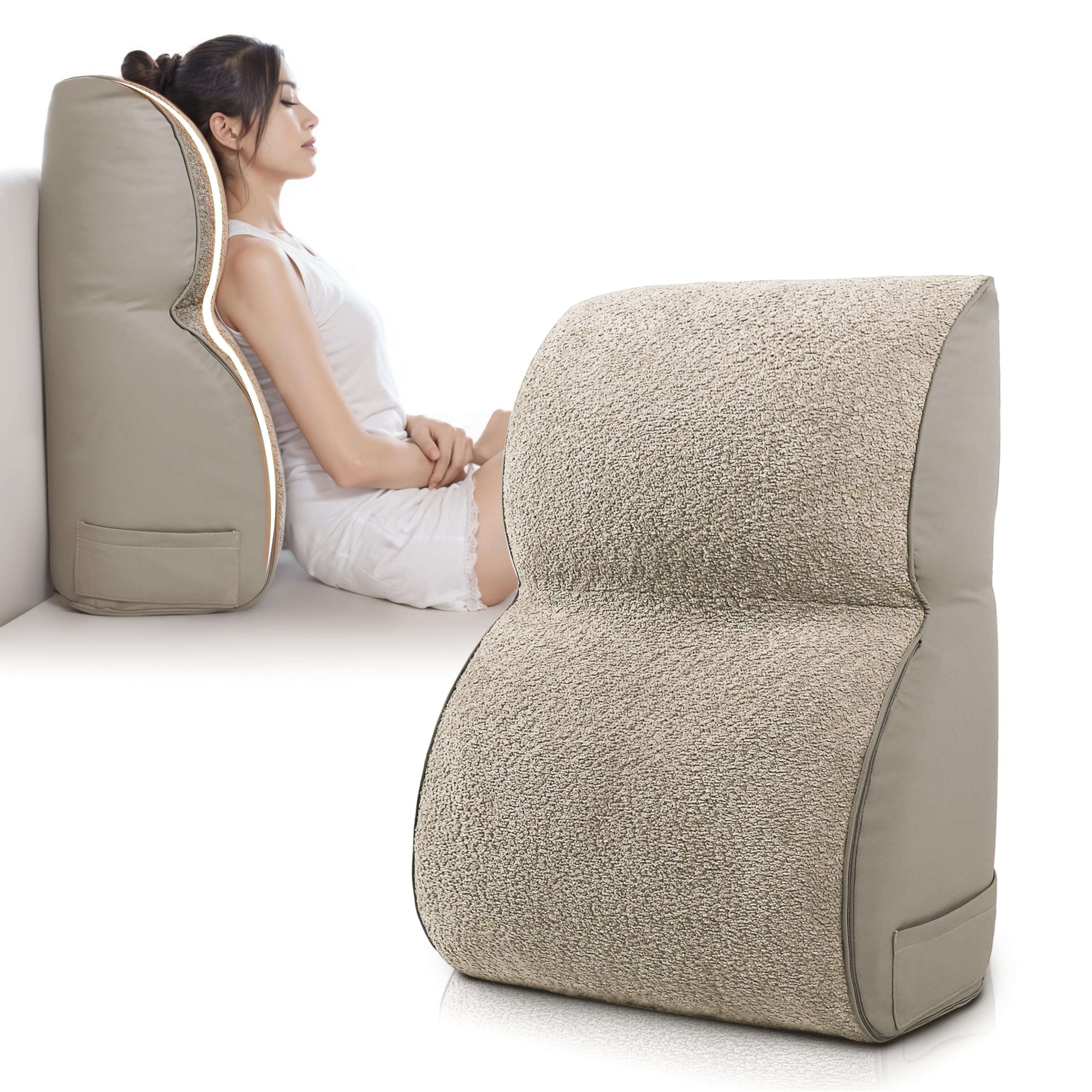 Almohada de lectura de cuña con respaldo, soporte para cuello, lumbar y espalda para adultos, cojín de apoyo multifuncional para leer, ver la televisión o relajarse, caqui, 70 x 28 x 56 cm