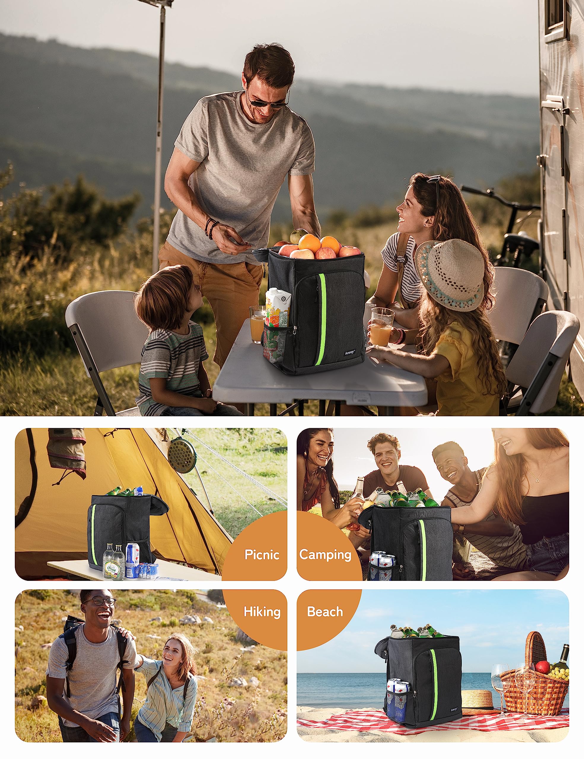 besrey Mochila de Refrigeración, Mochila Nevera Bolsa Térmica Grande, Mochila Portatil de Doble Capa, Ligera, Impermeable, para Comida Almuerzo Playa Trabajo Picnic Camping,Gris Negro