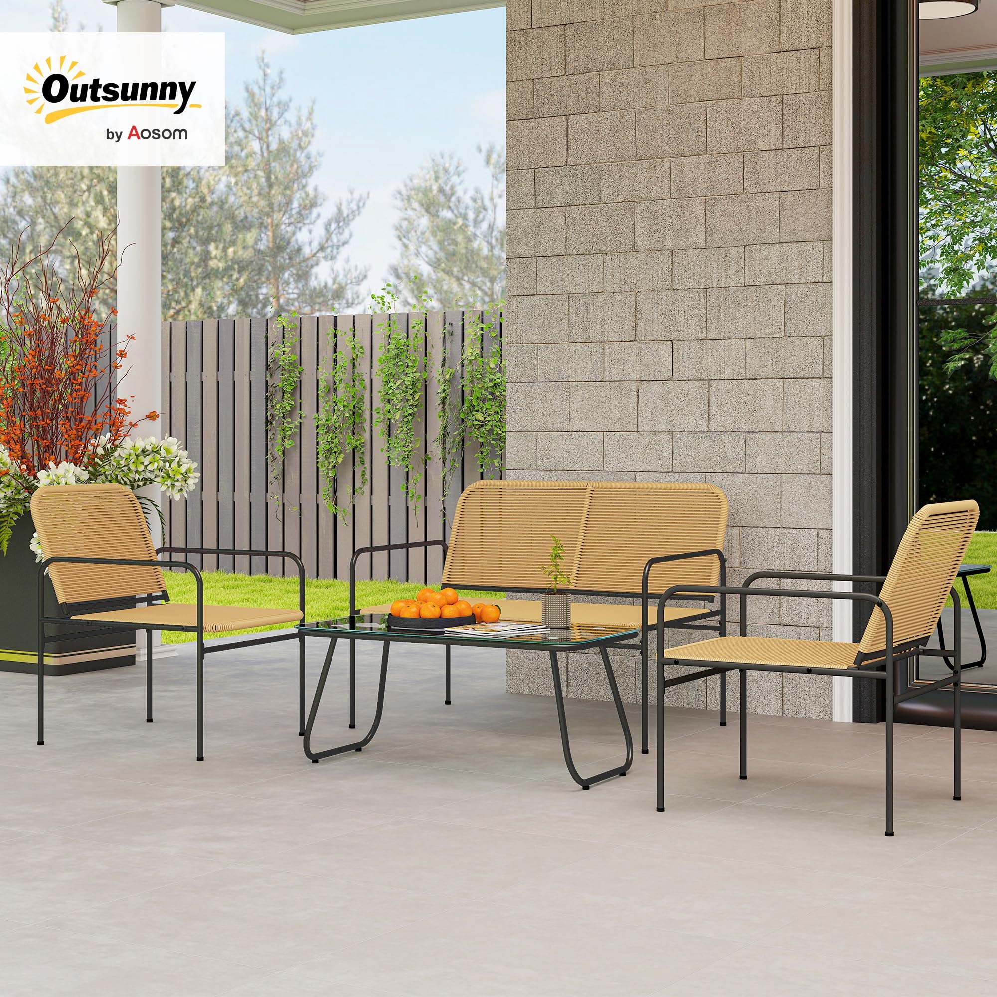 Outsunny Conjunto Jardín Exterior de Ratán, Muebles Jardín Exterior Resistentes a la Intemperie, Conjunto Terraza con Sofá de 2 Plazas, 2 Sillones, Mesa con Tablero de Vidrio Templado, Natural