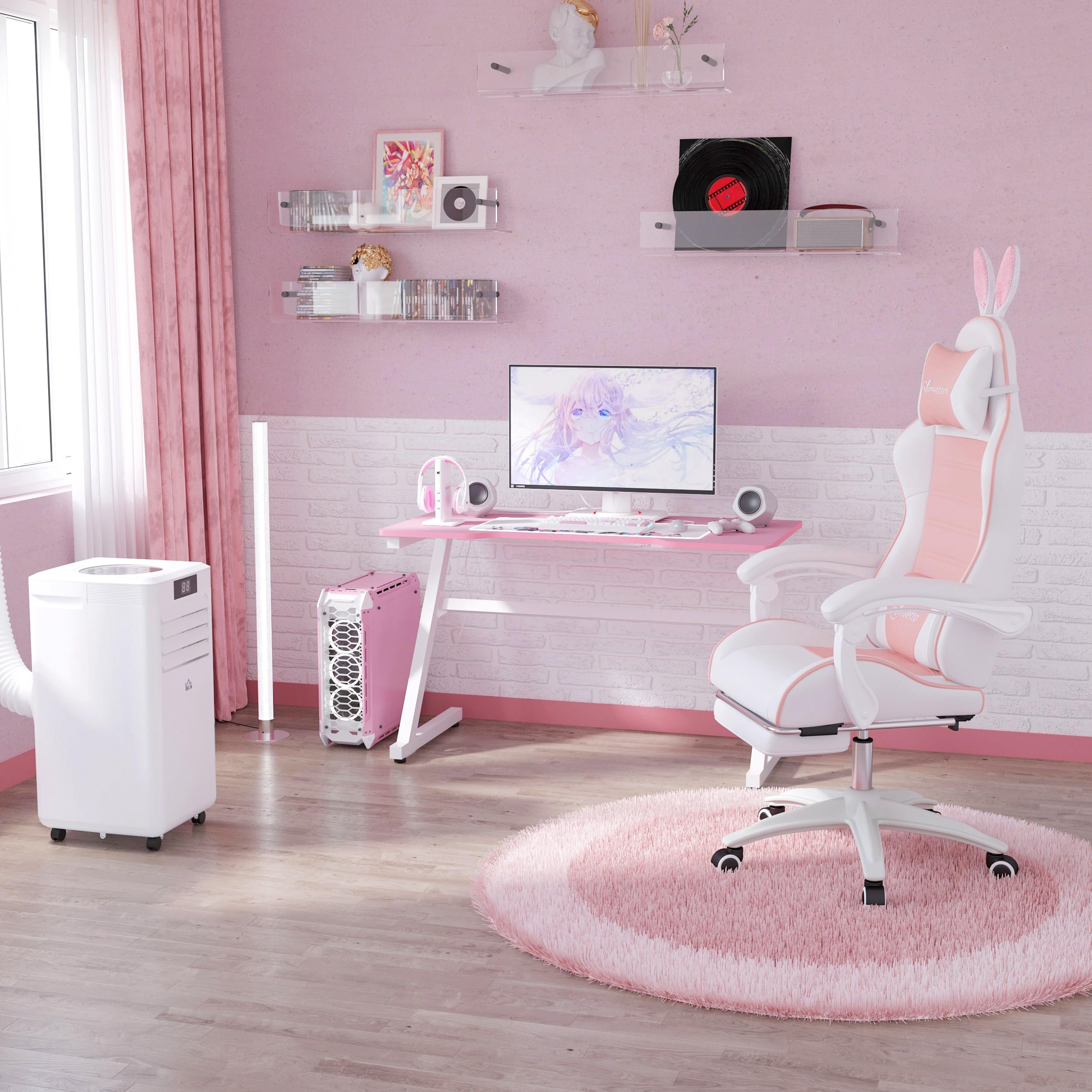 Vinsetto Gaming Stuhl mit Lendenwirbelstütze Fußstütze Kopfkissen Rosa | Ergonomischer Gamer Stuhl, Gaming Sessel mit Hasenohren, Bürostuhl mit Verstellbare Rückenlehne Liegefunktion