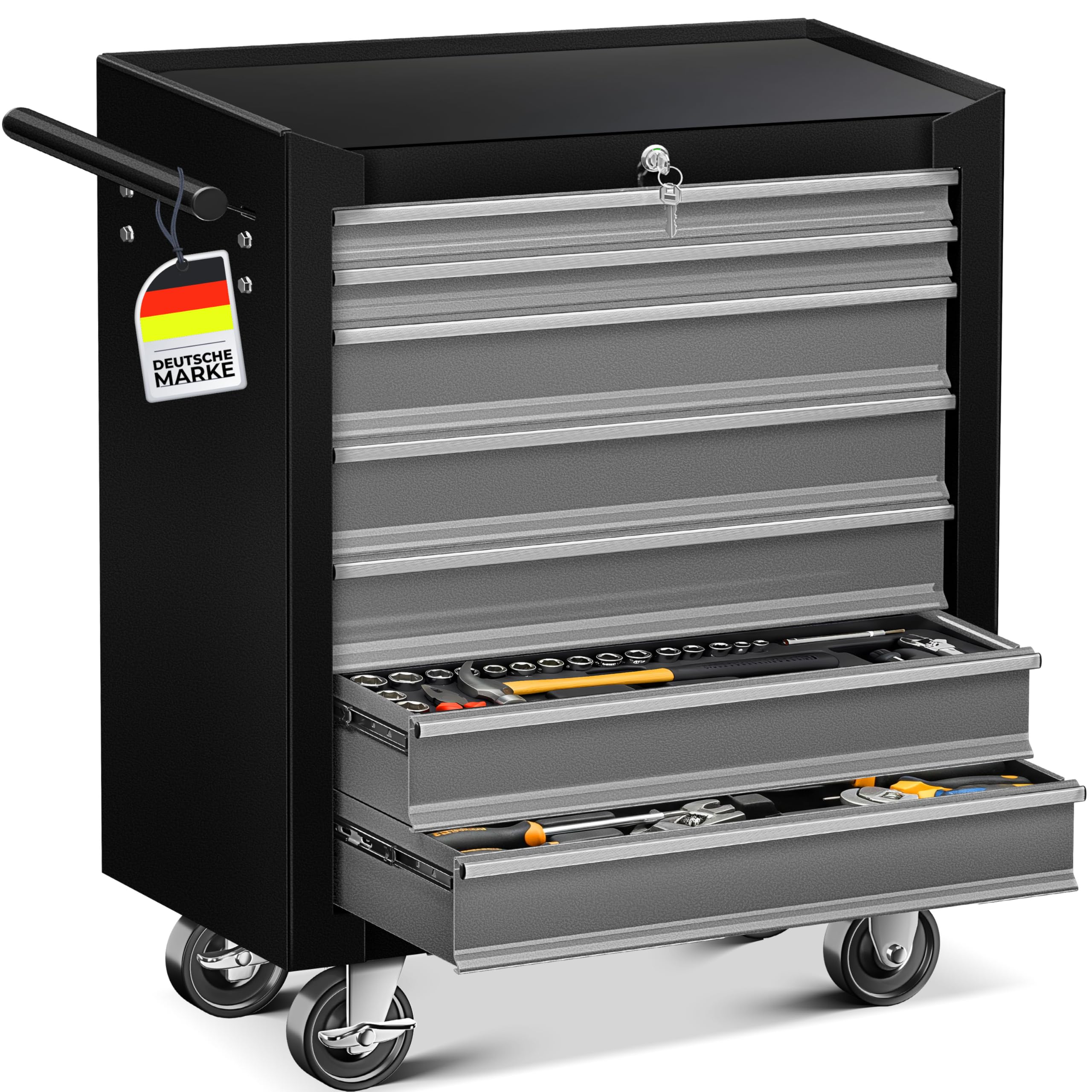 MASKO Carrello da officina – 7 cassetti, grigio | chiudibile | metallo massiccio | Carrello portautensili portatile senza attrezzi | Carrello professionale da officina vuoto | Carrello per attrezzi