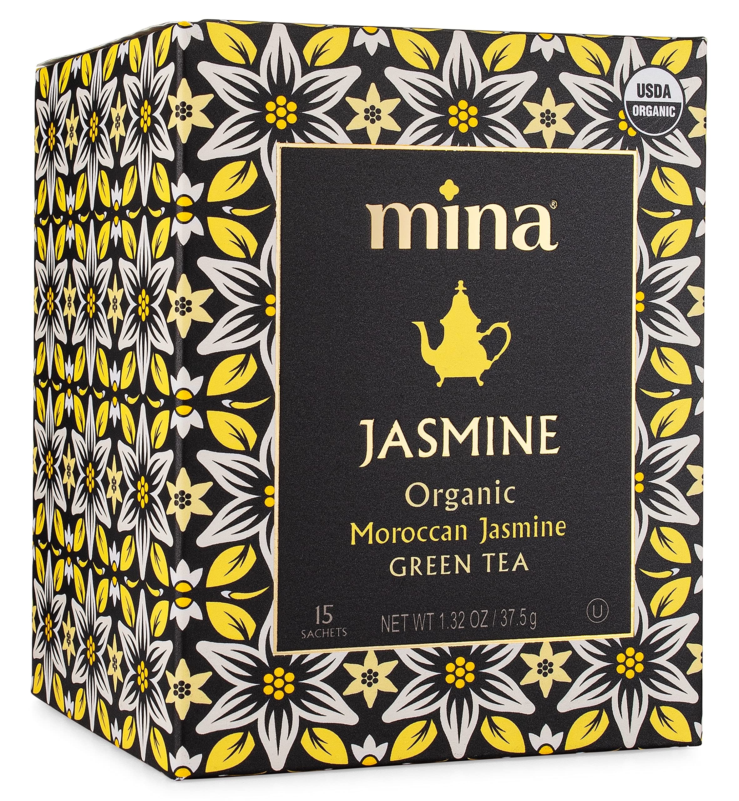 MinaOrganic Moroccan Jasmine Green Tea, 15 Biodegradable Sachets, Jasmine Scented Green Tea Bags with Enchanting Floral Essence, Refreshing Aroma, Enjoy Hot or IcedUSDA Organic