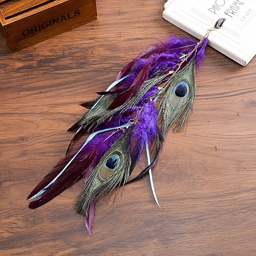 Miniatura 6 de AWAYTR Clip de extensión de pelo de plumas hippie bohemio, tribal, indio, pavo real, plumas, hippie, cuentas trenzadas, accesorios para el cabello