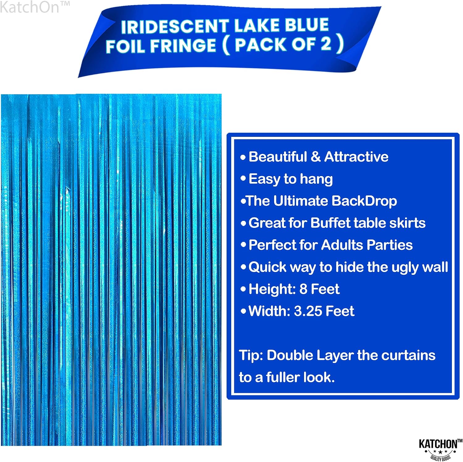 Katchon, Xtralarge Iridescent Blue Backdrop Curtain - 3.2x8 Ft, Pack of 2 | Blue Streamers for Under The Sea, Beach, Summer Party Decorations | Streamer Backdrop for Gender Reveal, Baby Shower Decor