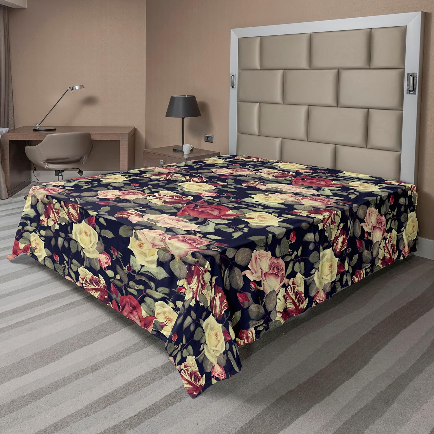 Ambesonne Tropical Boho Flat Sheet, Stripe Drawn Exotic Jungle Flowers Hearts with Flamingo Pattern, Soft Comfortable Top Sheet Decorative Bedding 1 Piece, Queen Size, Ruby Pale Ruby Off White