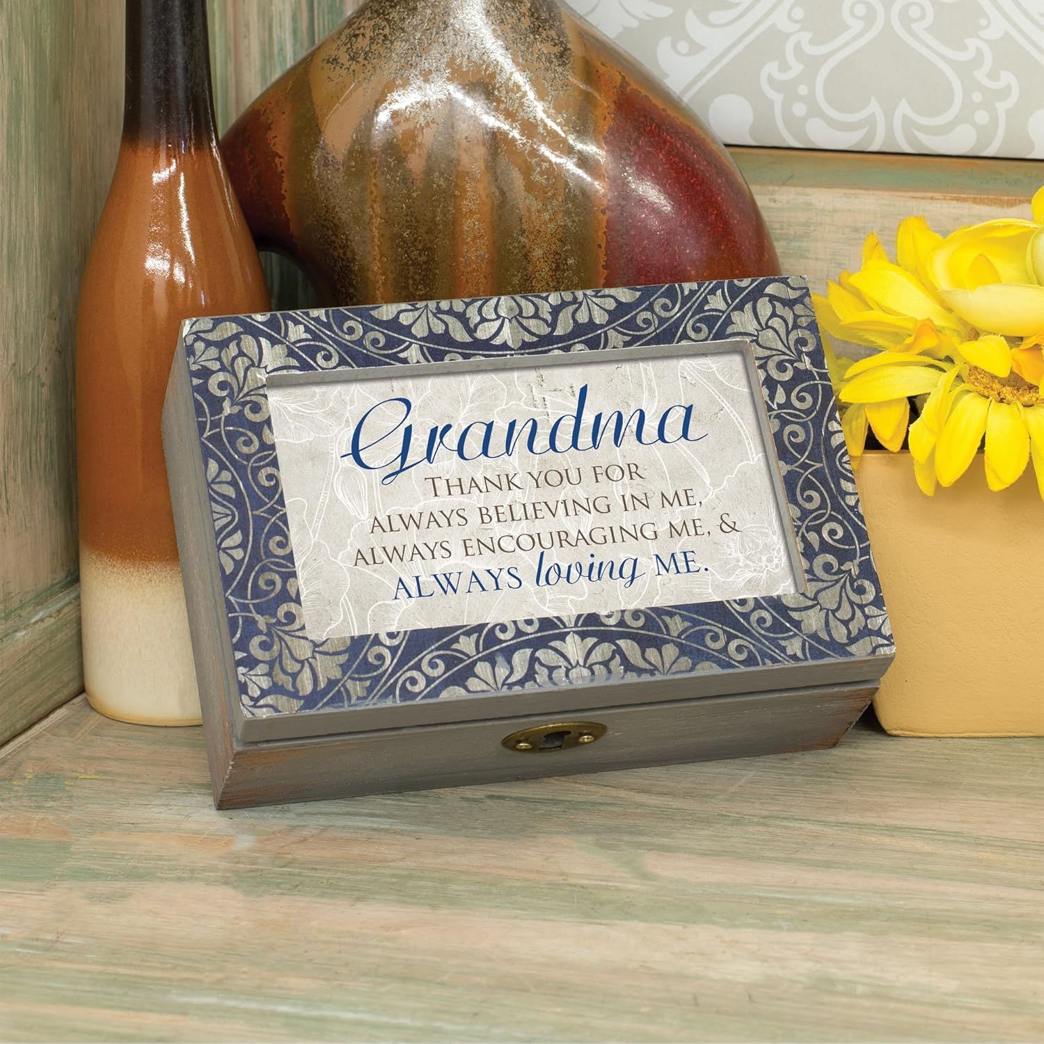 Grandma Thank You for Loving Me Denim Decoupage Petite Music Box Plays Edelweiss