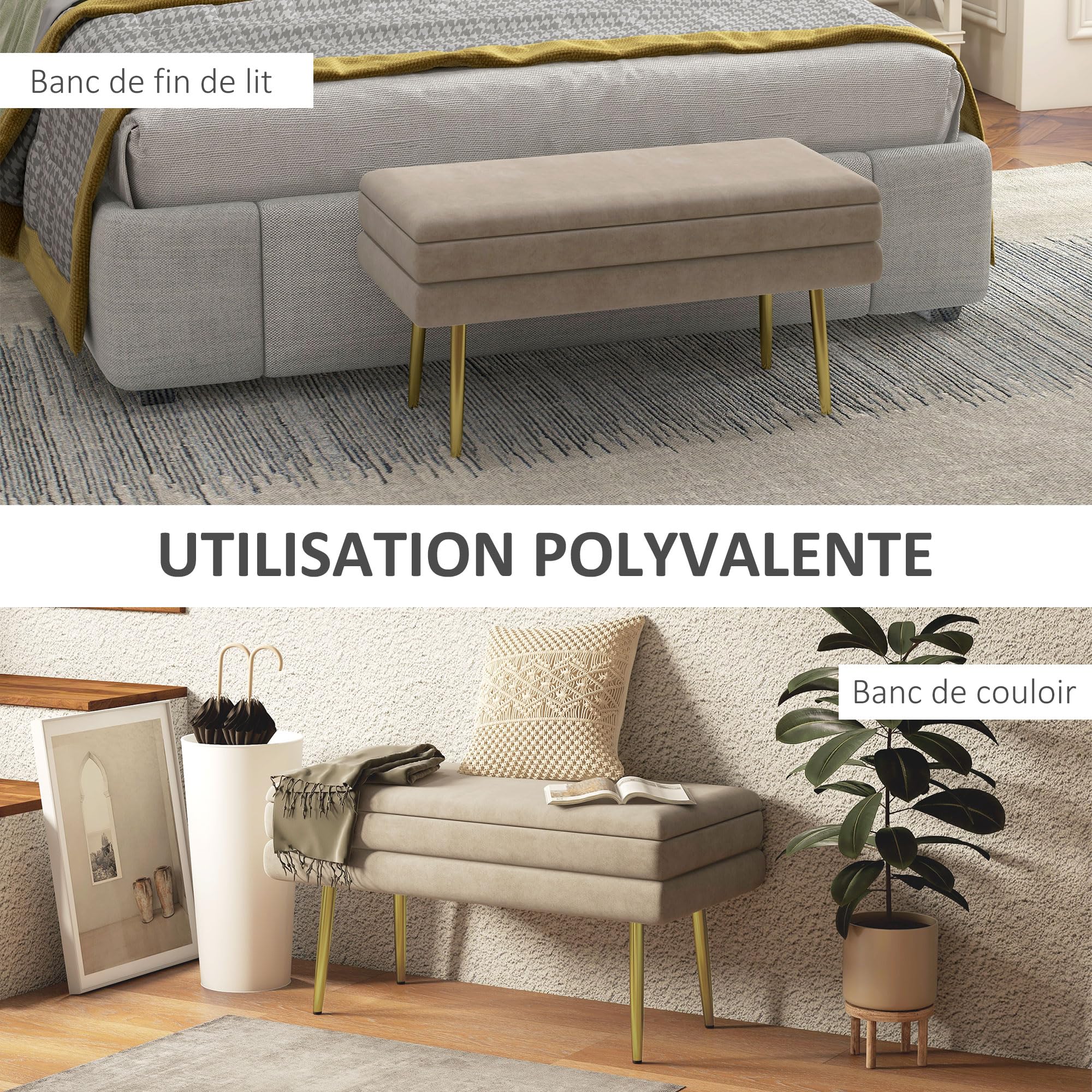 Banc coffre de rangement HOMCOM 2 en 1 assise aspect velours et pieds acier - 79,5L x 37,5l x 43H cm beige et doré - Maison