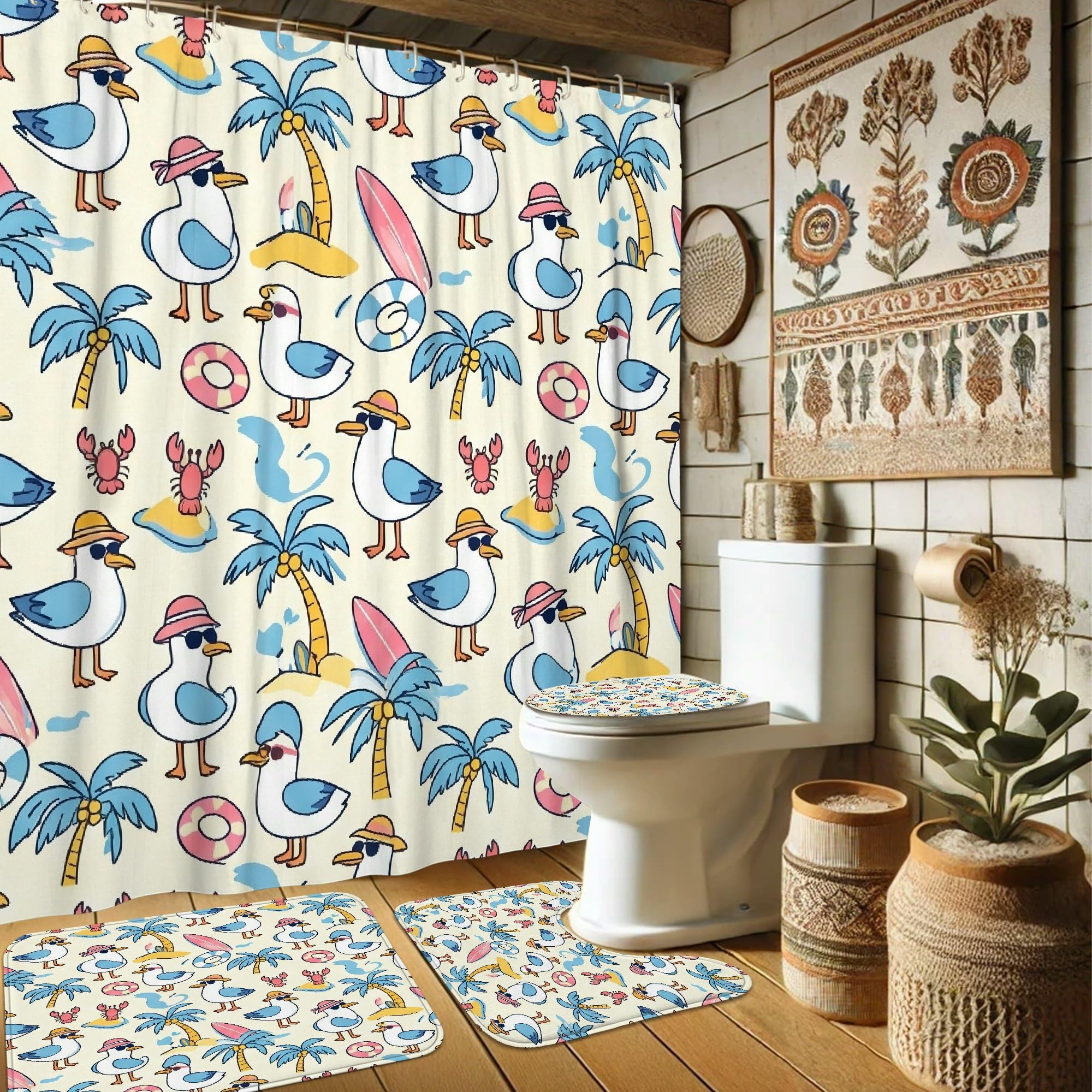 Rideau de douche mouette en tissu de qualité avec son tapis de bain bleu