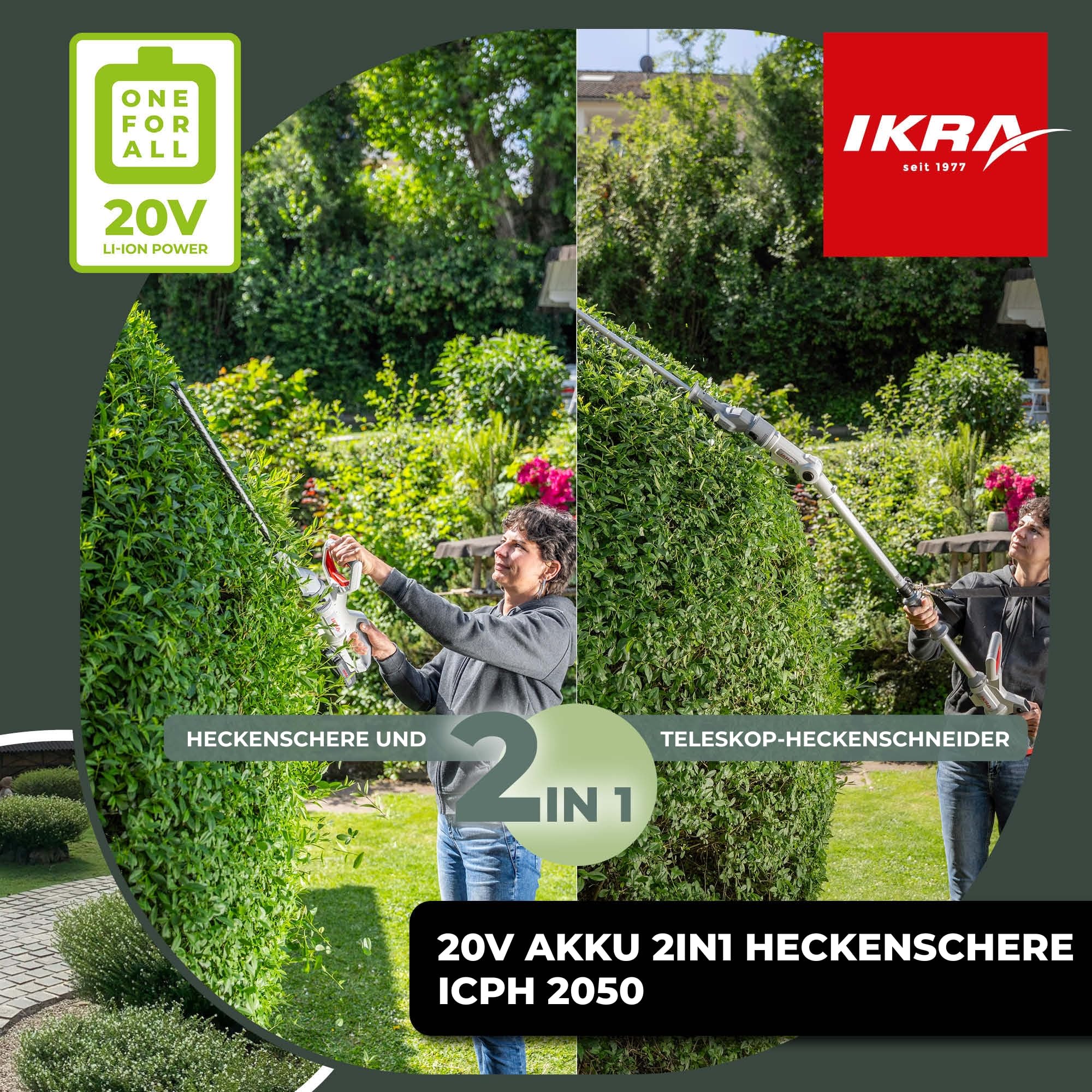 IKRA 2in1 Teleskop Heckenschere ICPH 2050, inkl 2 Akkus & Schnelllader | Einsetzbar für normale Hecken oder mit Teleskopierung für hohe Hecken, inkl. Schultergurt, 20 Volt Akku-Familie von IKRA