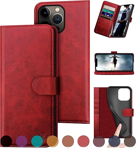 Miniatura 8 de Funda tipo cartera de piel auténtica para iPhone 13 Pro de 6.1 pulgadas. Bloqueo RFID. 4 tarjeteros de crédito. Cuero auténtico. Funda protectora