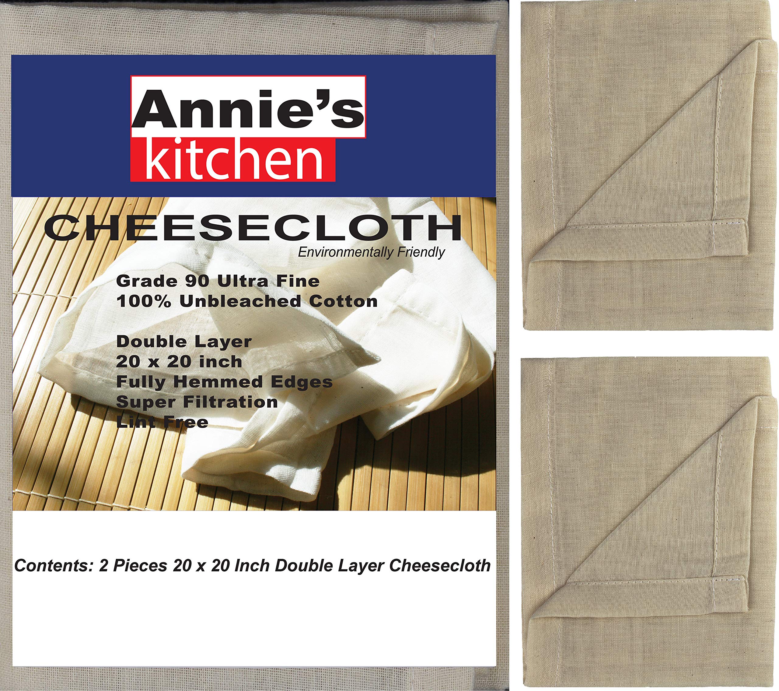 ANNIE'S KITCHENCheesecloth, 20x20 Inch, Grade 90 100% Unbleached Pure Cotton Muslin Cloth for Straining, Ultra Fine Reusable Hemmed Edge Double layer Cheese Cloth Fabric for Jams, Cold Brew Coffee