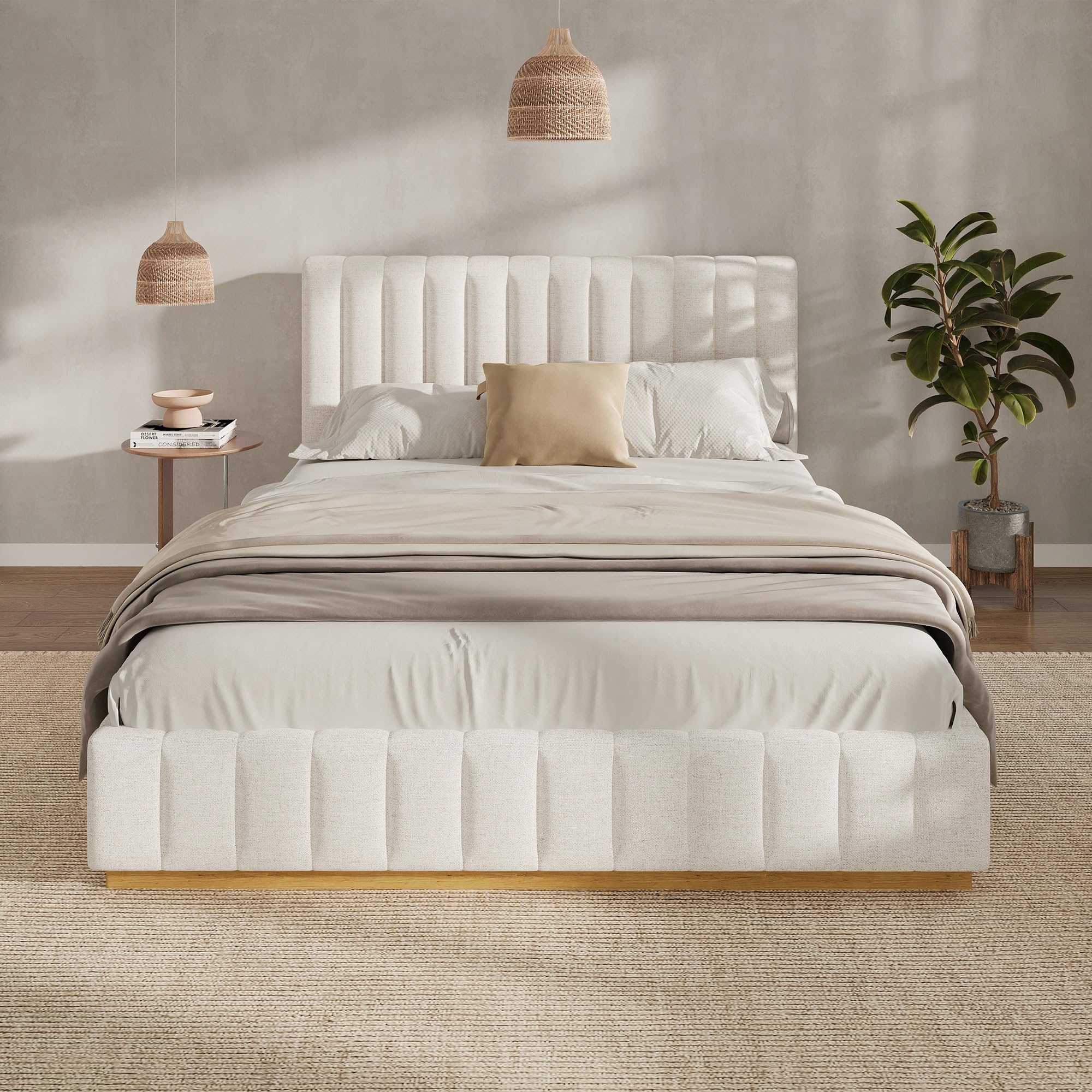 Upholstered Platform Bed with Thick Headboard, Queen Size, Linen Fabric Platform Bed with Solid Wood Base, Modern Vertically Stitched Lines Beds for Bedroom, No Box Spring Needed, Beige