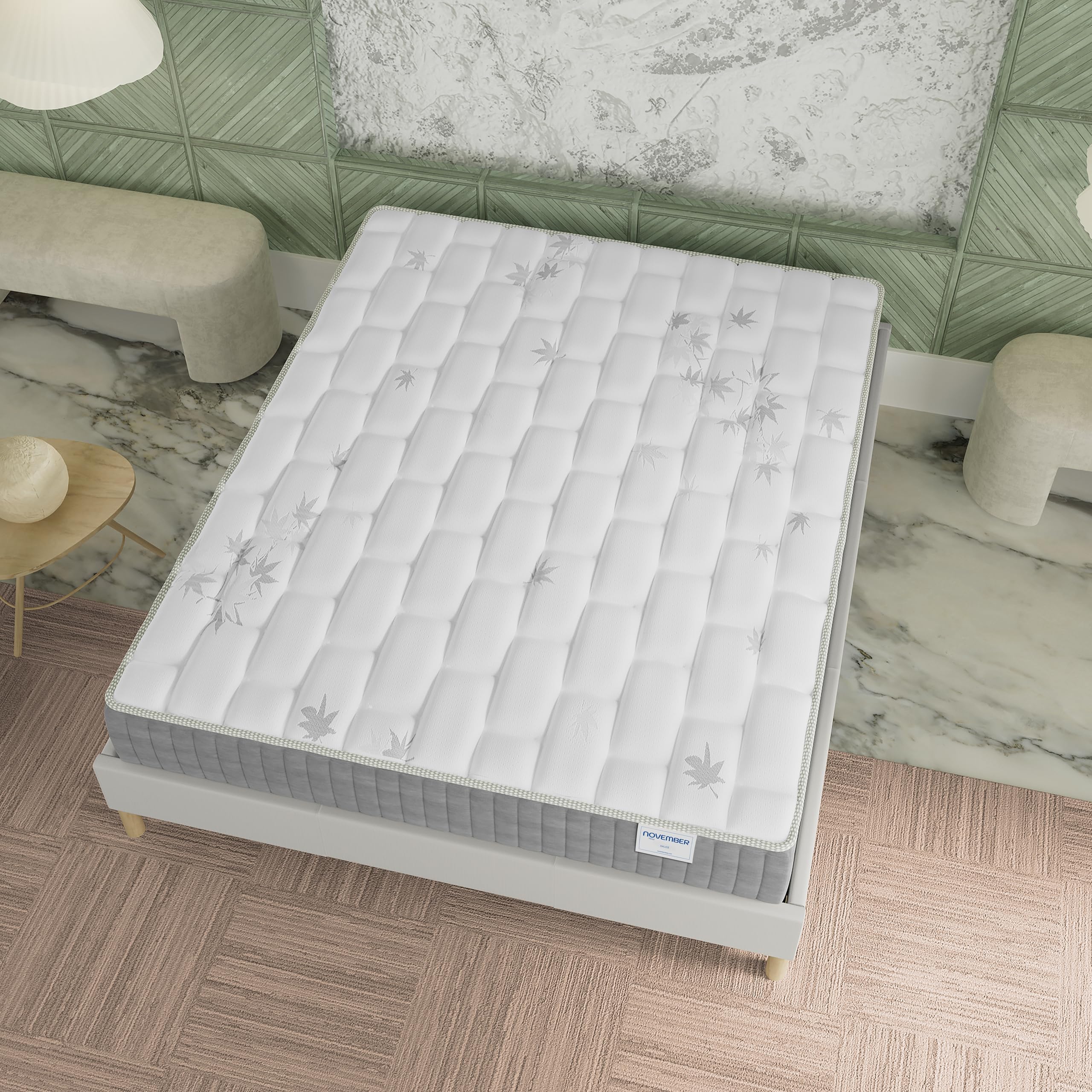 NOVEMBER- Ensemble Matelas + sommier (120 x 190cm)- Matelas Galice Ressorts ensachés & mémoire de Forme d’épaisseur 25cm + Sommier Bois Stable & Robuste revêtement Tissu Blanc