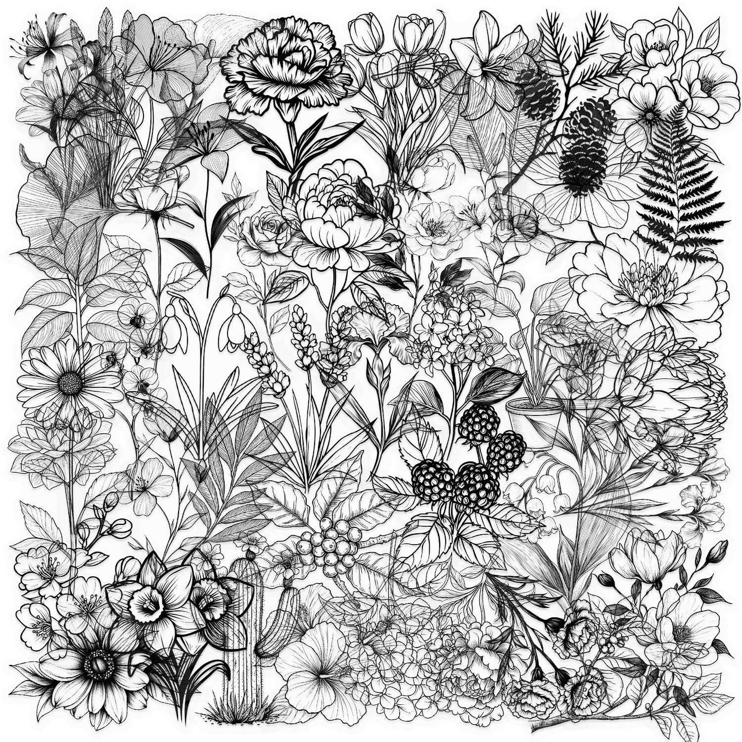 50Pcs Black and White Flower Stickers Pack, Aesthetic Plant Stickers for Laptop Journal Scrapbooking Wall Luggage Water Bottle Skateboard Planner,