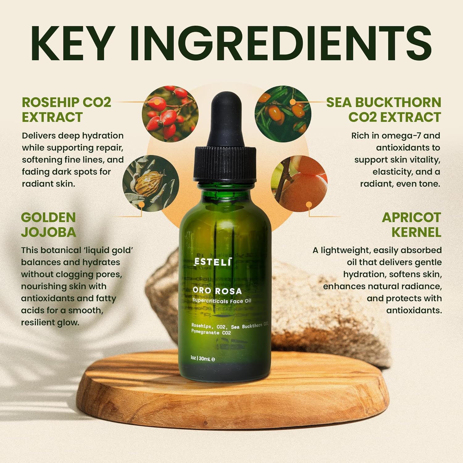 ESTELÍ – Oro Rosa Supercriticals Face Oil – Antioxidant-Rich Botanical Blend with Rosehip, Sea Buckthorn & Golden Jojoba Oil – Fast-Absorbing, Hydrating & Firming Facial Essence – Vegan & Clean - Image 3