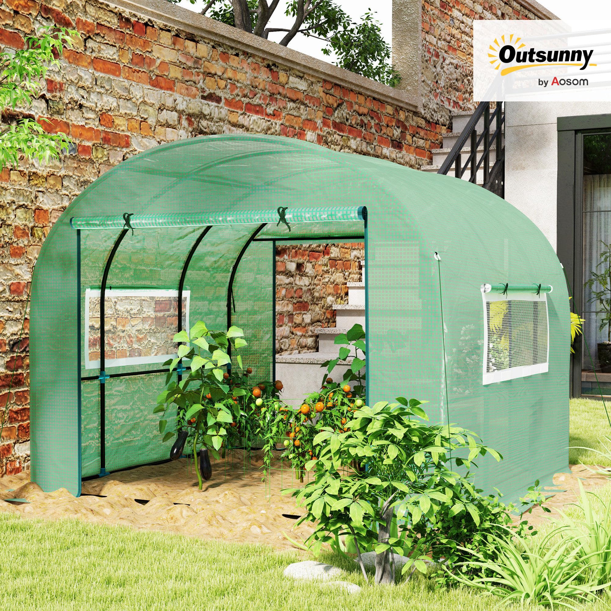 Outsunny Serra da Giardino a Tunnel 3x3x2 m con Porte e Finestre Avvolgibili, Serra per Orto con Struttura in Acciaio e Copertura PE, per Orto Verdure Fiori Frutta, Anti UV, Verde