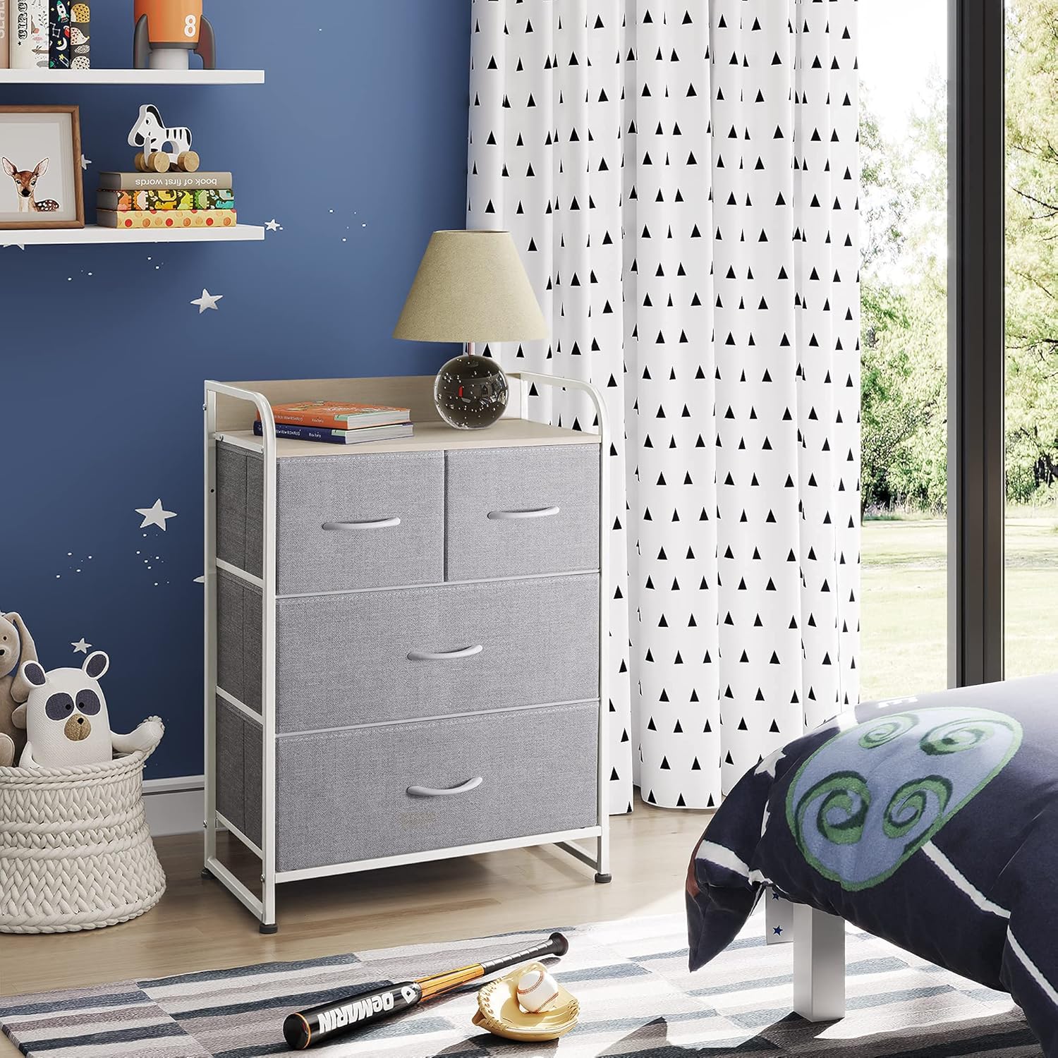 WLIVE Fabric Dresser with 4 Drawers, Storage Chest for Bedroom, Hallway, Nursery, Entryway, Closets, Tower Organizer with Sturdy Metal Frame, Wood Tabletop, Easy Pull Handle, Light Gray & White Maple : Baby