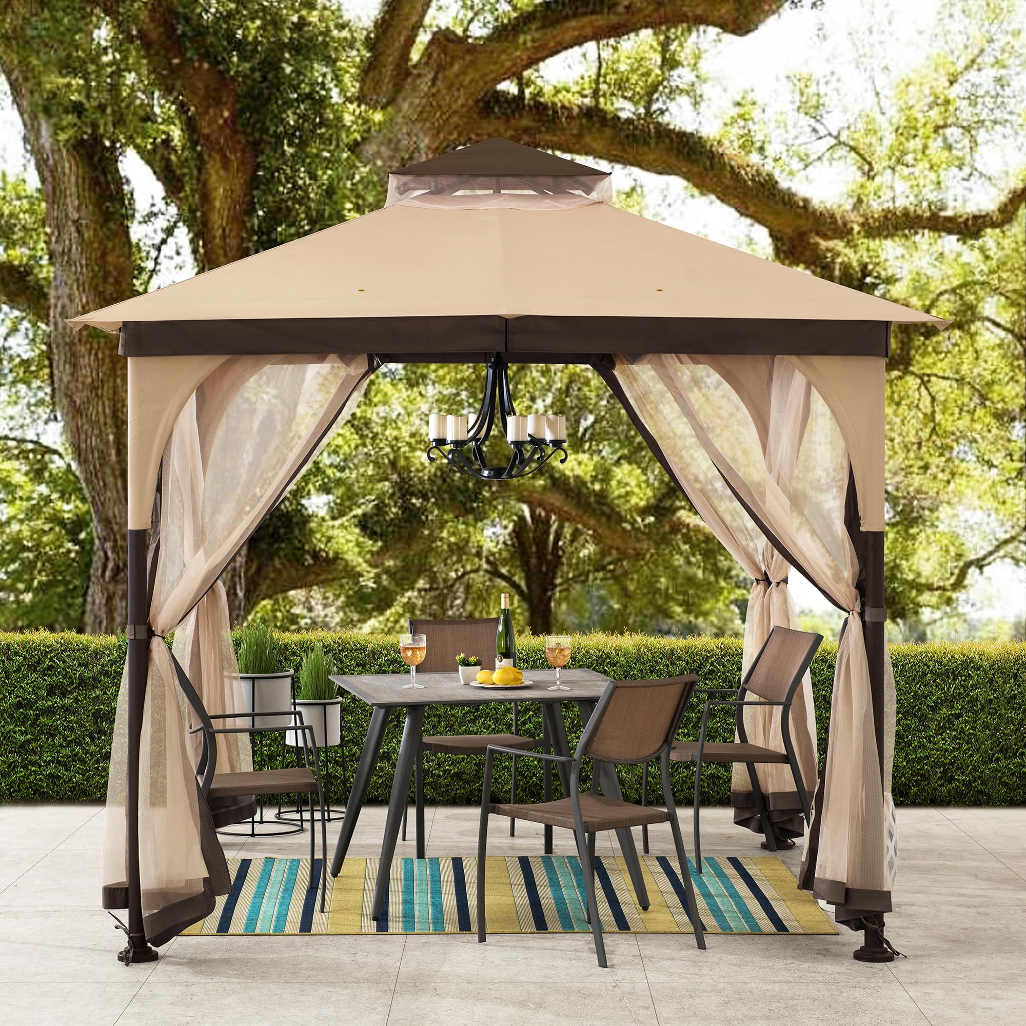 Sunjoy 9 ft. x 9 ft. Gazebo with 2-Tier Canopy Roof, Steel Frame Soft top Gazebo with Ceiling Hook and Mosquito Netting, Tan and Brown