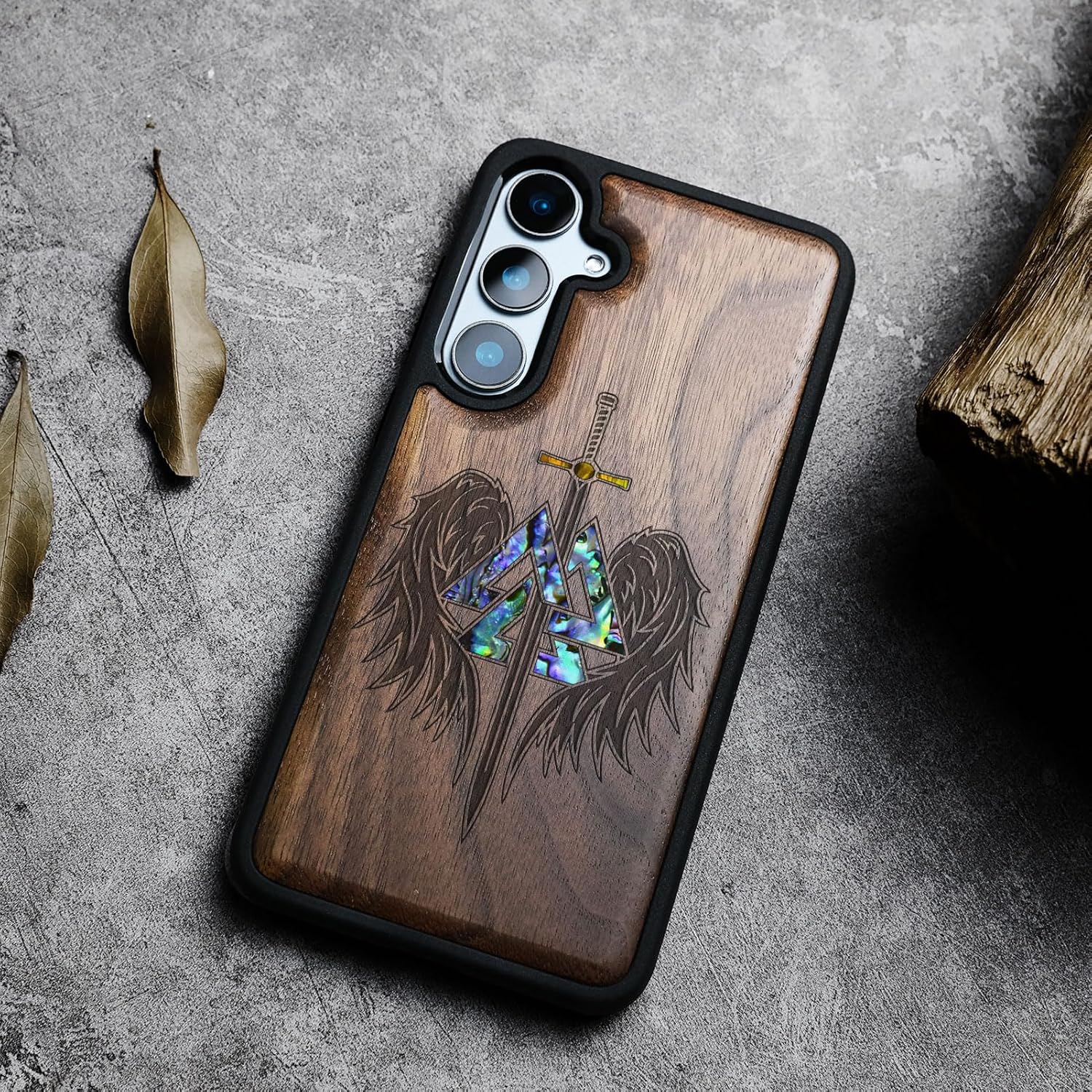 Carveit Designer Wooden Case for Samsung Galaxy S24 FE Case [Wood Engraving & Shell Inlay] Compatible with Wireless Chargers S24 FE Cover (Wings of Valor Essence-Walnut)