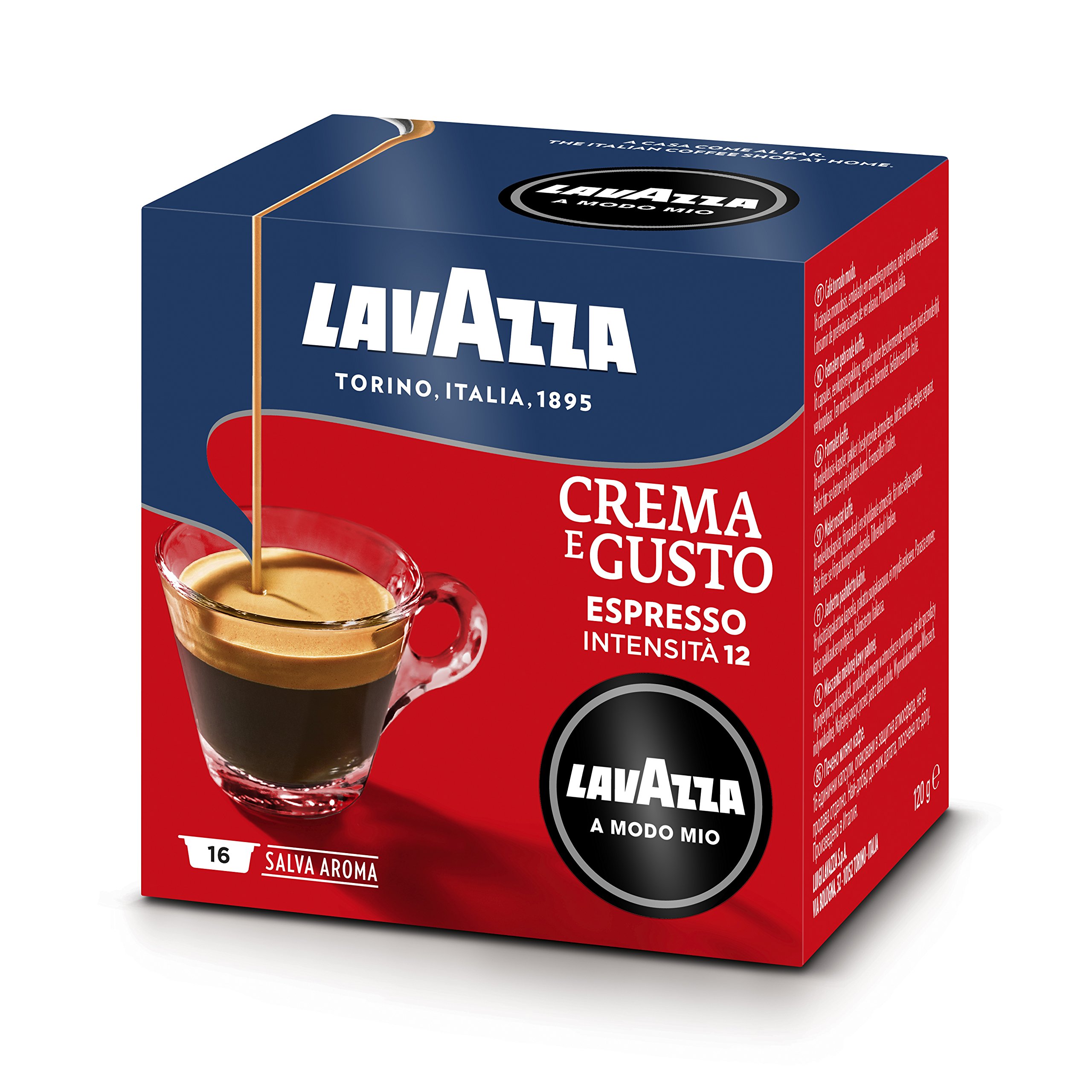 Lavazza, A Modo Mio Crema y Sabor Clásico, 256 Cápsulas Café para Espresso con Notas de Chocolate y Frutas Secas, Arabica y Robusta, Intensidad 12/13, Asado Mediano, 16 Cajas de 16 Cápsulas
