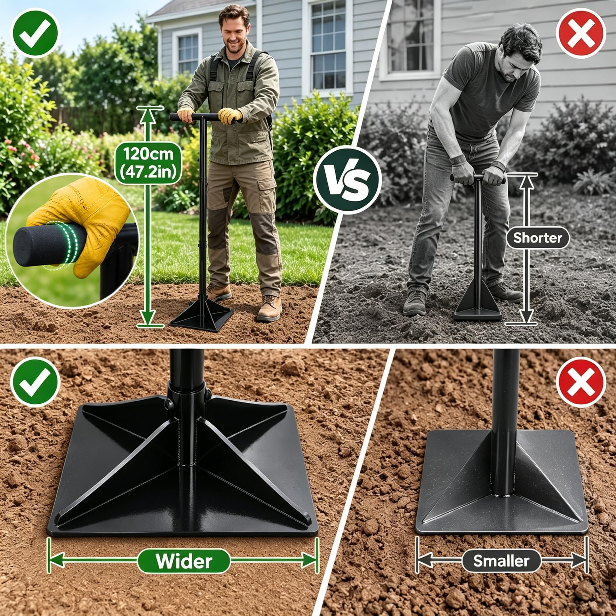 Handstampfer mit 120cm Griff, 25x25cm Stampfer Bodenverdichter mit T-Griff zum Verdichten und Handschuhe, Manuelle Rüttelplatte für Gartenarbeit Bodenmontage