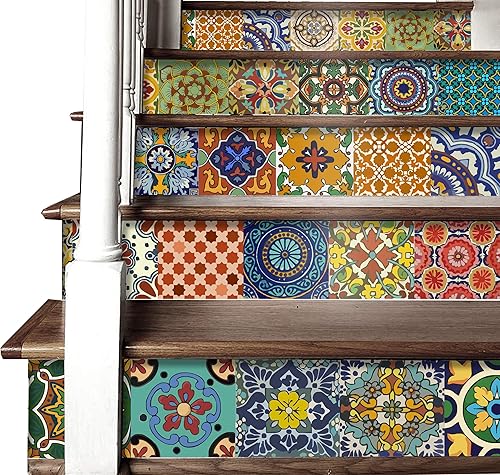 Miniatura 4 de Etiqueta adhesiva de mosaico mexicana Talavera Bleucoin para azulejo Backsplash de cocina y baño, etiqueta adhesiva de azulejo y baldosa Riser, 22