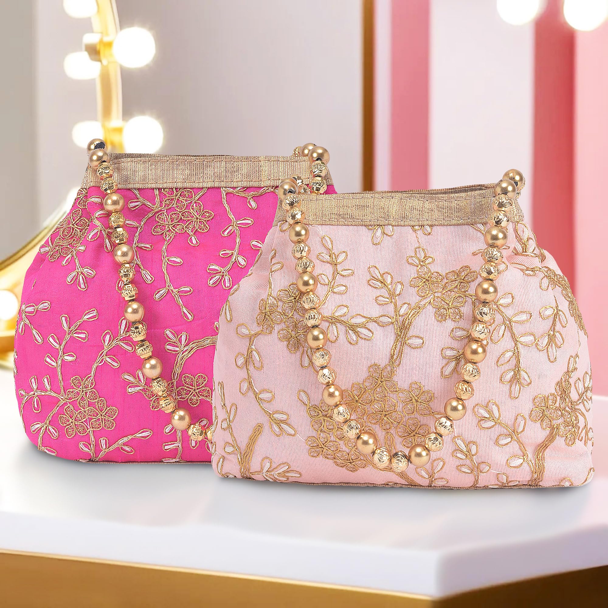 Urbane Home Pack of 2 Potli Bags for Ladies & Girls | Women Shagun Pouches for Festive Seasons | Bridal Purse | Moti Embroidery- Peach & Pink-image-37