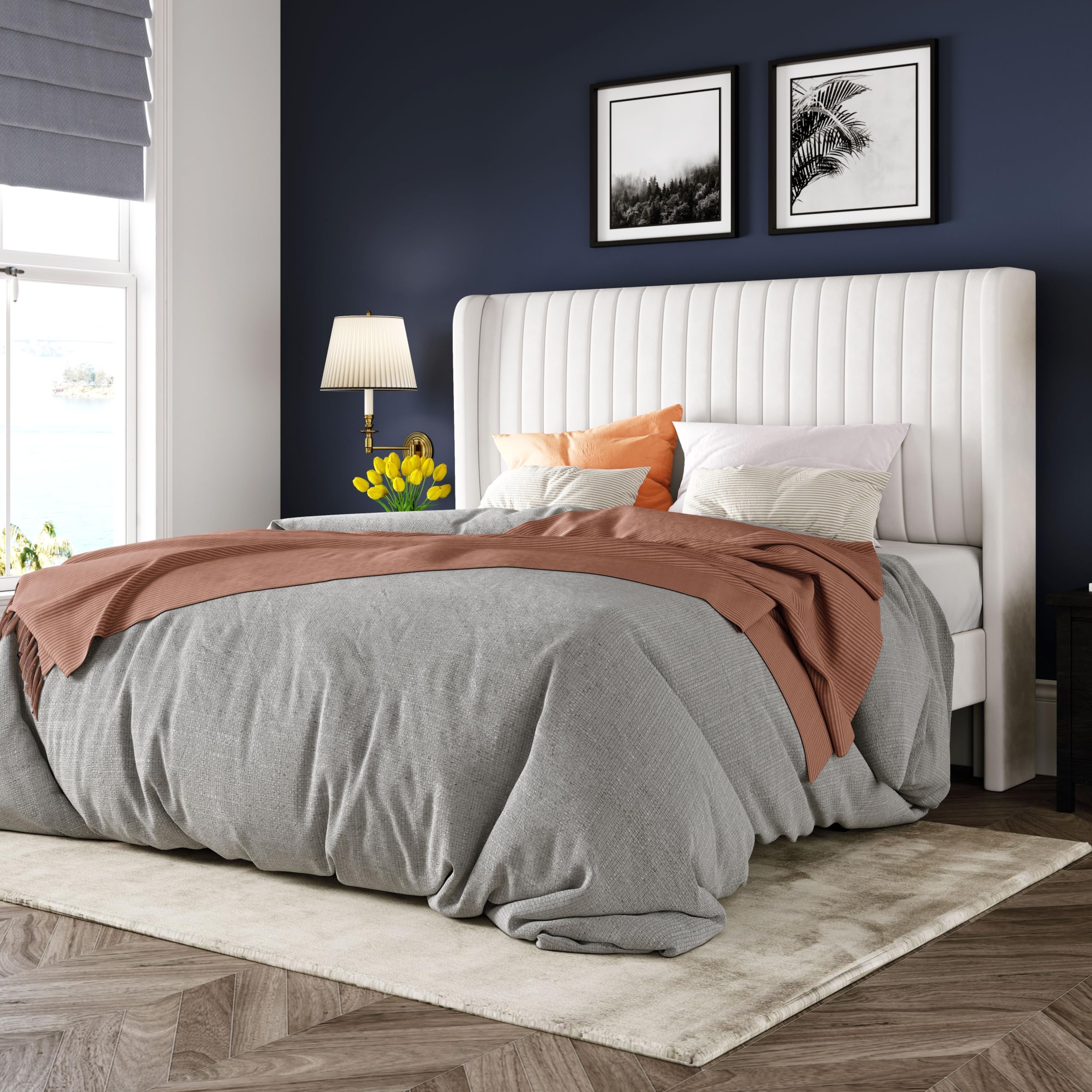 Allewie Full Size Velvet Bed Frame/Vertical Channel Tufted Wingback Headboard/Upholstered Platform Bed/Strong Wooden Slats/No Box Spring Needed/Easy Assembly/White