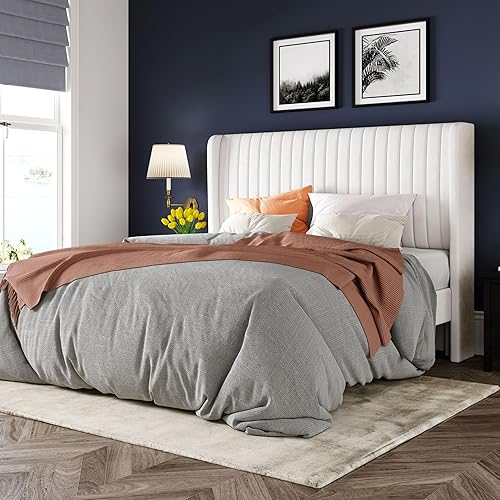 Allewie Marco de cama de terciopelo de tamaño matrimonial, cabecera capitoné vertical con respaldo de ala, plataforma tapizada, listones de madera