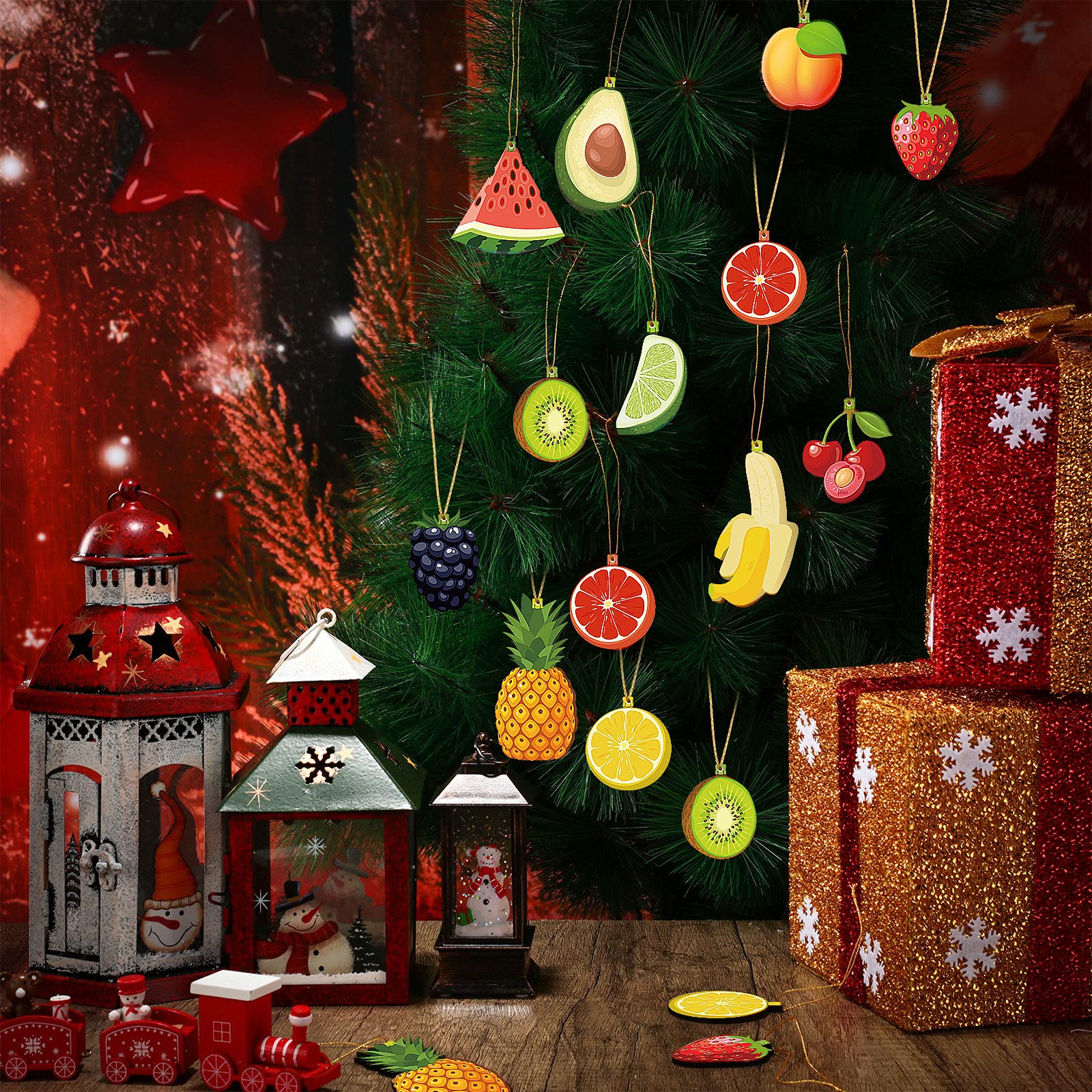 Décorations en bois à suspendre pour sapin de Noël - Ornements en bois pour fruits et légumes - Décoration en tranches pour arbre de Noël, couronne de cheminée (style fruits, 24 pièces)