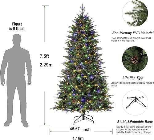Miniatura 4 de Glitzhome Árbol de Navidad artificial de abeto verde preiluminado de 7 pies con soporte de metal de fácil montaje, 9 árboles de Navidad artificiales