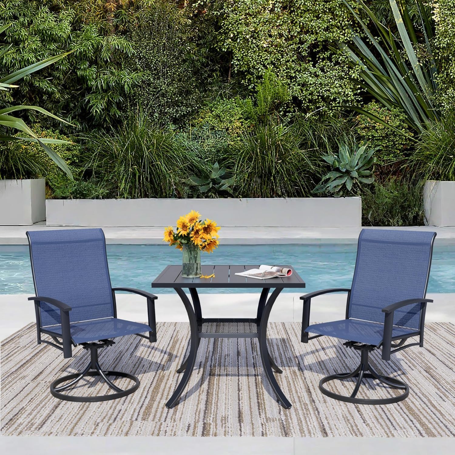 3 Pieces Outdoor Table and Chairs for 2, 27.6" Black Square Table with 2 Blue Swivel Chairs, Patio Set with Swivel Chair, Garden Tables for Outdoor, Patio Dining Set for Lawn Backyard Poolside