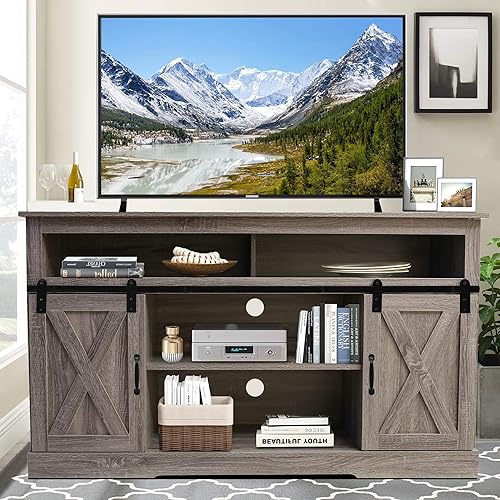 Farmhouse TV Stand Sliding Barn Door, Modern Wood Entertainment Center, Storage Cabinet Table Living Room with Adjustable Shelves for TVs Up to 65", Gray