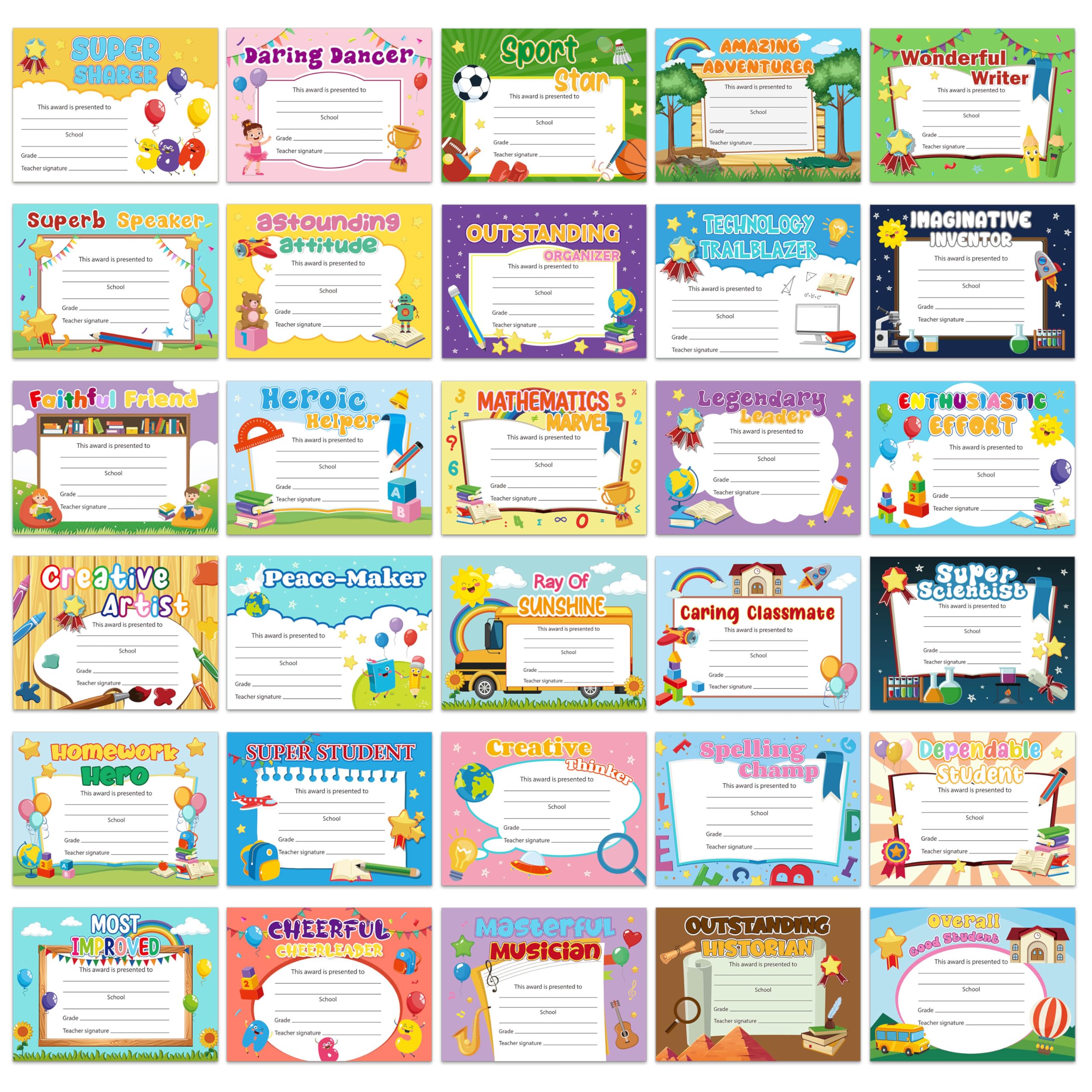 EYxsaxenk School Student Award Certificates - 60Pcs Colorful End of School Year Superlatives Certificates Graduation Recognition Award Certificates of