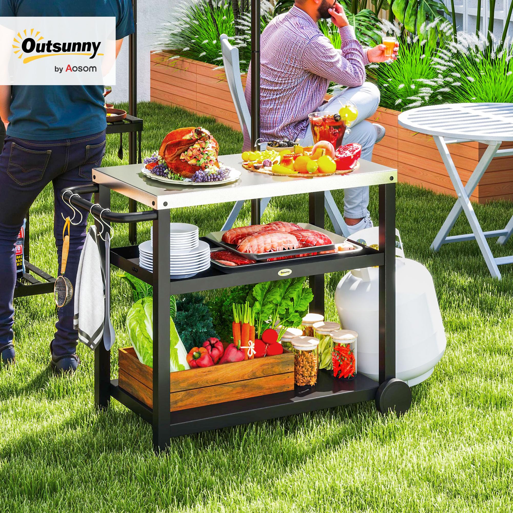 Outsunny Carrito de Parrilla de 3 Niveles Carrito de Barbacoa Carro de Servicio con 2 Ruedas Estantes Encimera de Acero Inoxidable y Asa Mesa de Horno de Pizza para Jardín Patio Gris Carbón