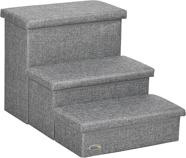 PawHut 3 Step Dog Steps with Storage Boxes, Cat Stairs for Bed, Pet Ladder for Couch, Sofa - Light Grey
