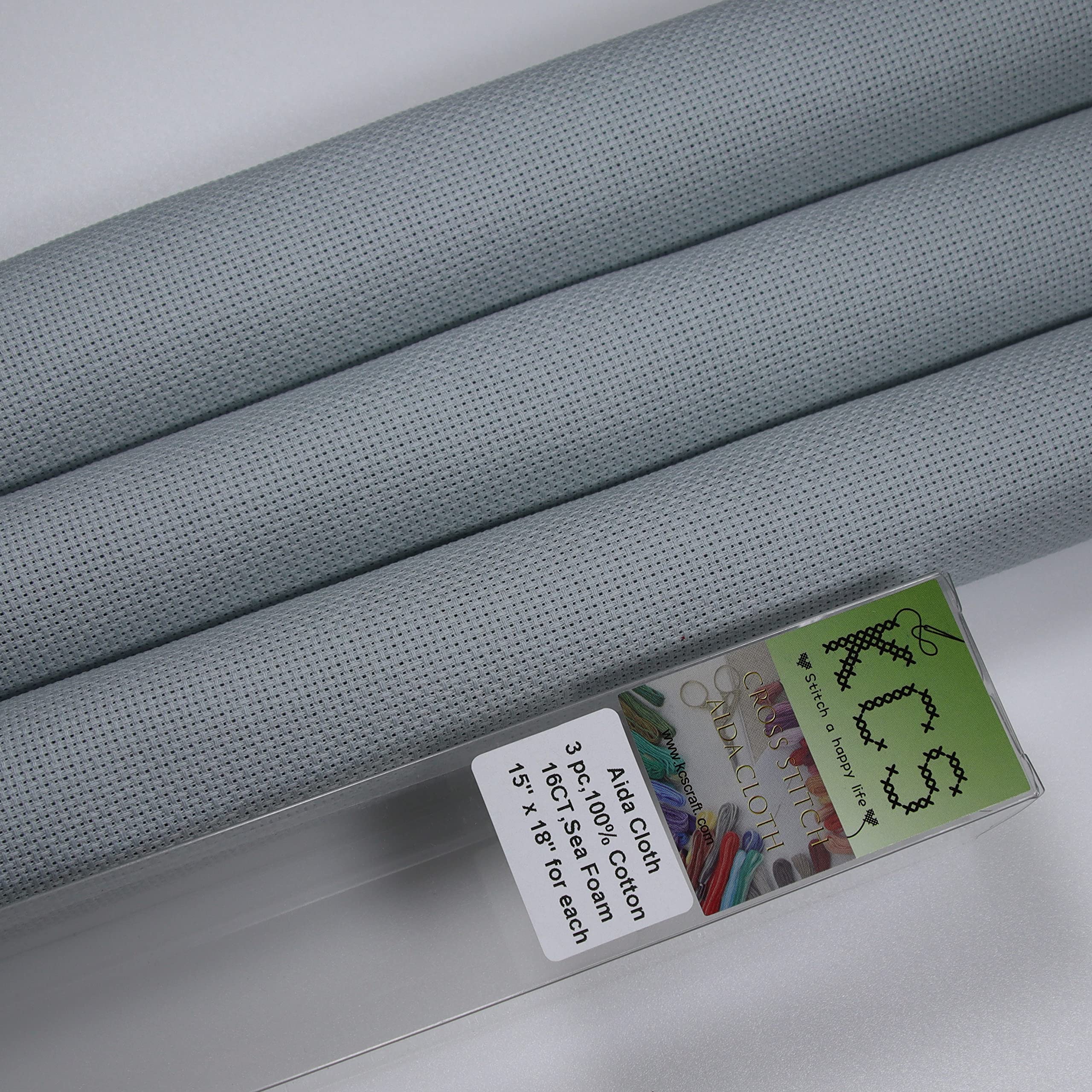 KCS 3 pc of 15" x 18" Counted Cross Stitch Cotton Aida Cloth Needlework Rolled Fabric Box,16CT,Sea Foam
