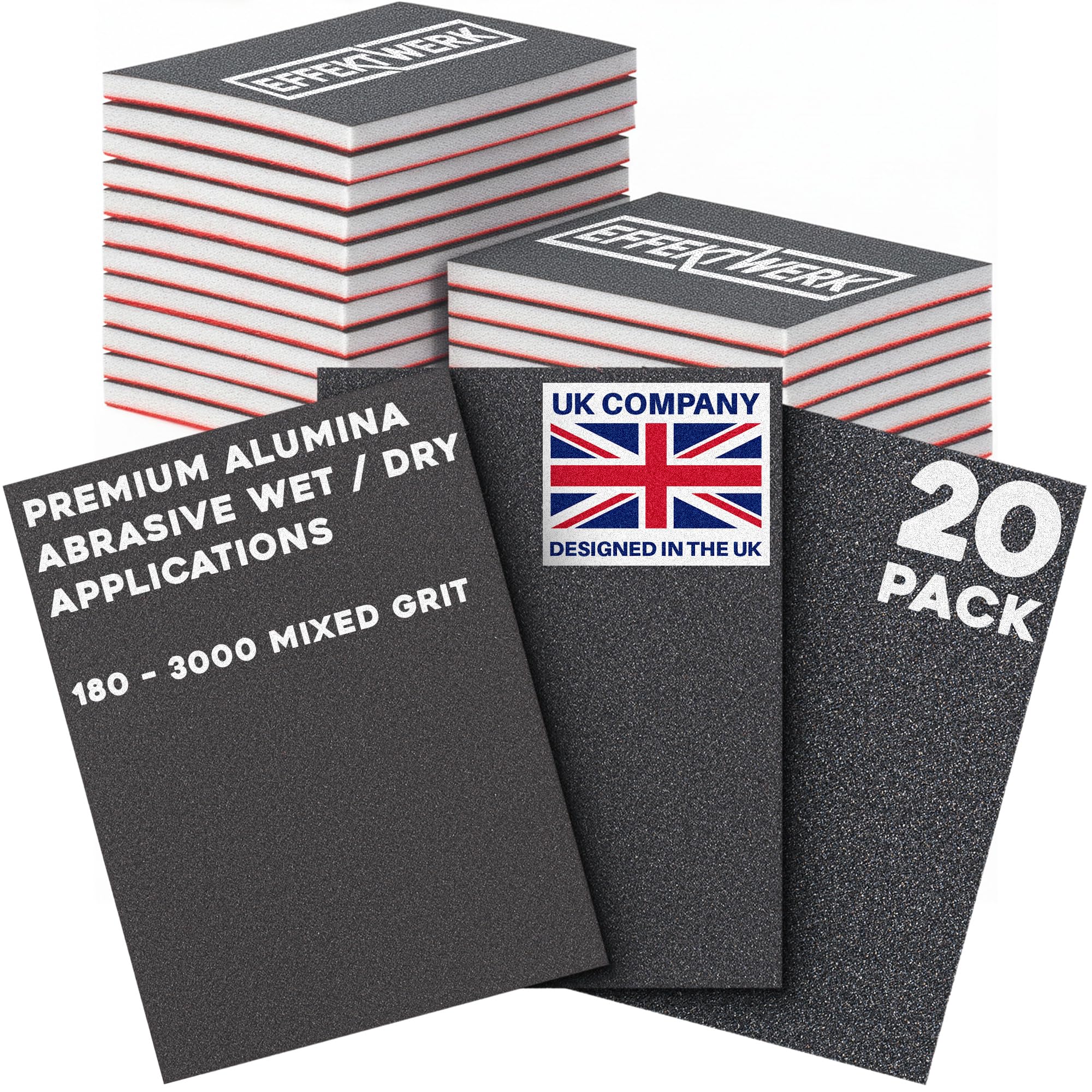EffektWerk - Sanding Sponges - 20 pcs, 7.5x10 cm - Wet/Dry Foam Backed Sandpapers - Multiple Grit Abrasive Pads - Automotive Paint Repair, Metal Polishing, Woodworking, Drywall/Plastic Finishing
