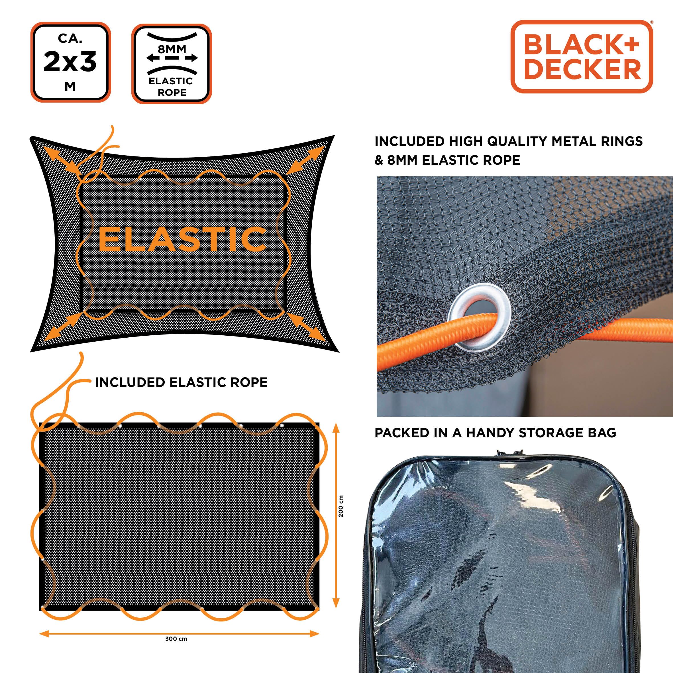 Black+Decker Siatka na przyczepę – 2 x 3 m – rozciągliwa gumka 8 mm – z torbą do przechowywania – czarna