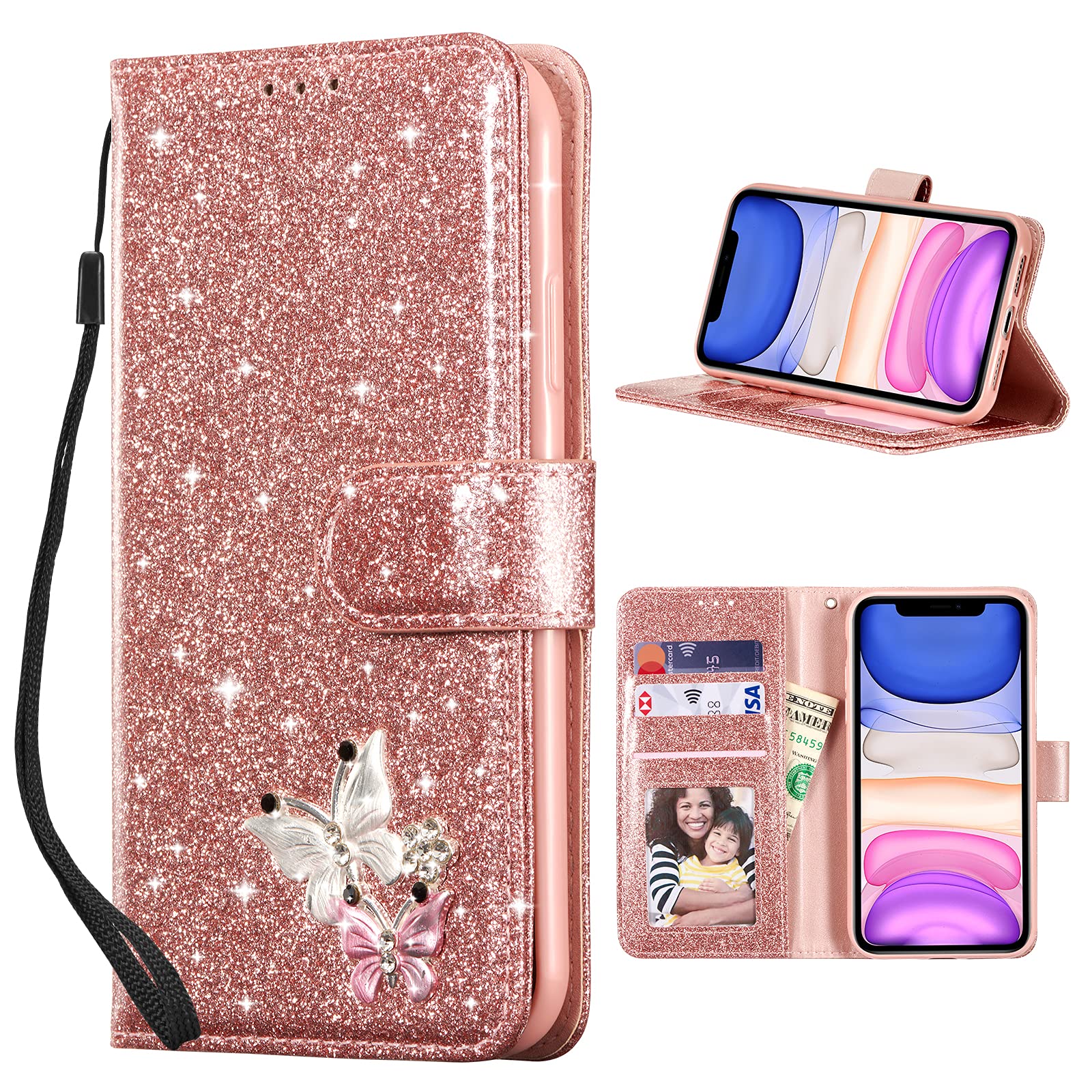 QLTYPRI Custodia per iPhone 13, custodia a portafoglio in pelle PU glitterata con cinturino da polso con cuore intarsiato a vibrazione per iPhone 13 - oro rosa