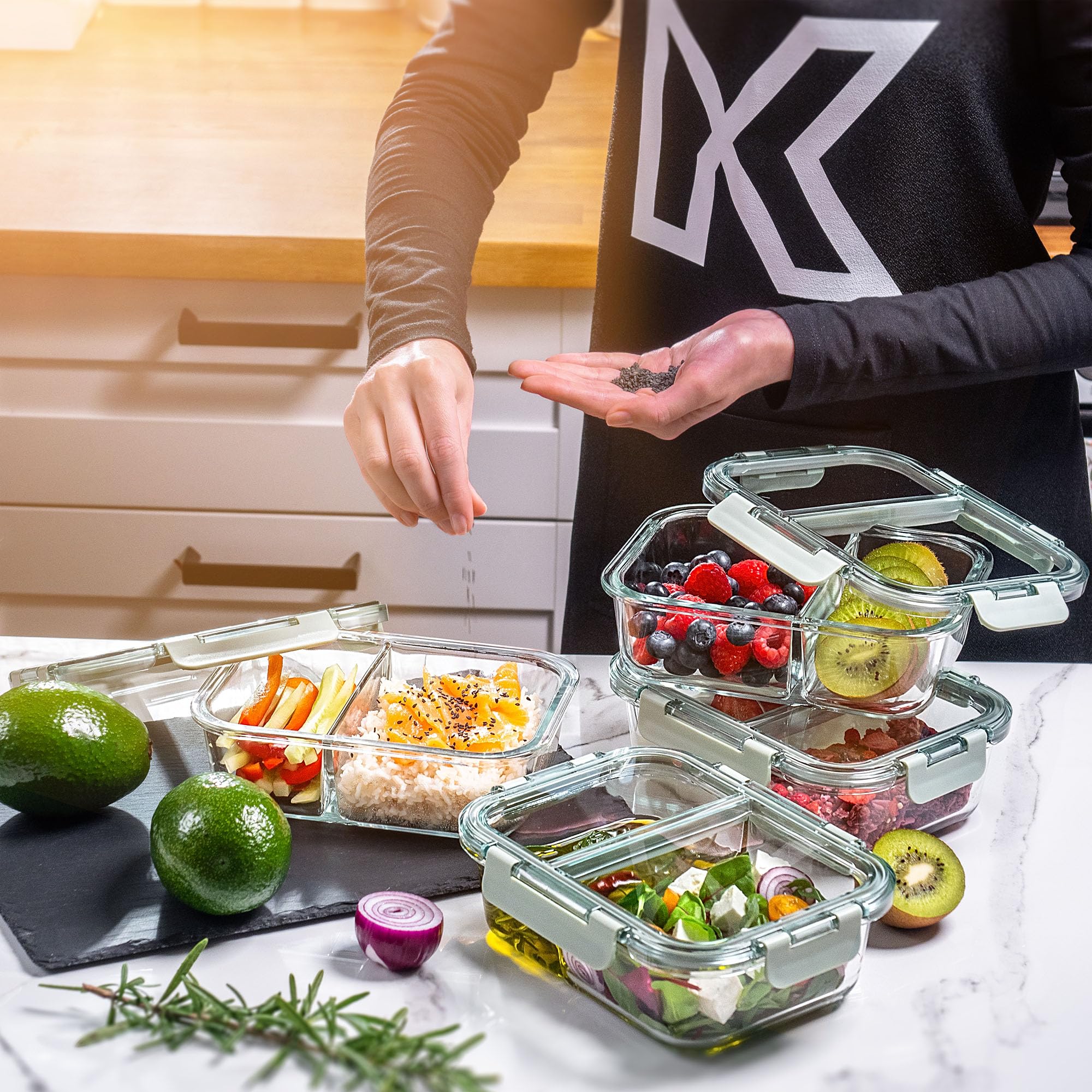 KADAX Zestaw 4 szt. pojemniki na żywność szklane 1 l z przegródkami i pokrywkami, szczelne i nieprzeciekające, do lodówki i zamrażarki, do przechowywania i planowania posiłków