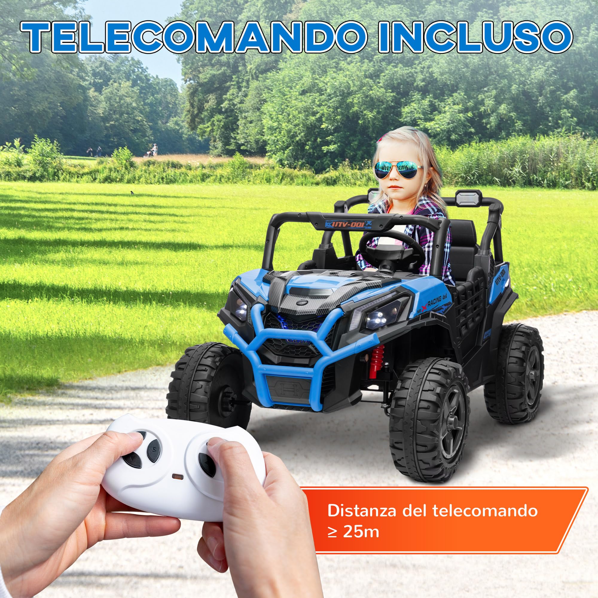 AIYAPLAY Macchina Elettrica per Bambini 3-8 Anni 24V Fuoristrada 2 Posti, 3-8km/h Auto Elettrica per Bambini con 2 Motori, Sospensioni, Telecomando, Musica, Fari, Cintura e Clacson, Blu