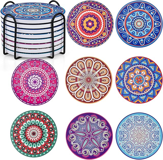 Mandala Coasters Set of 8, Ceramic Round Drink Coasters with Holder Absorbent Drink Coaster Set with Non-slip Cork Base & Ceramic Stone Cup Pad for Cups Mug Wine Glass Home Kitchen & Bar - 10cm